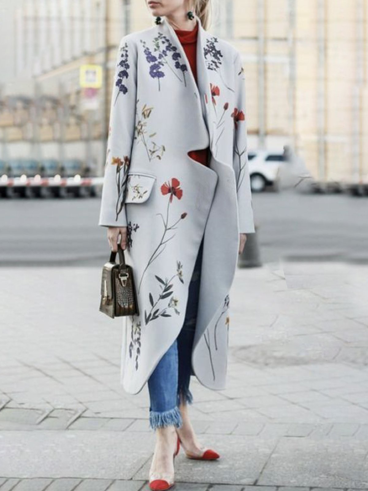 Floral Urban Loose Regular Sleeve Coat With Belt