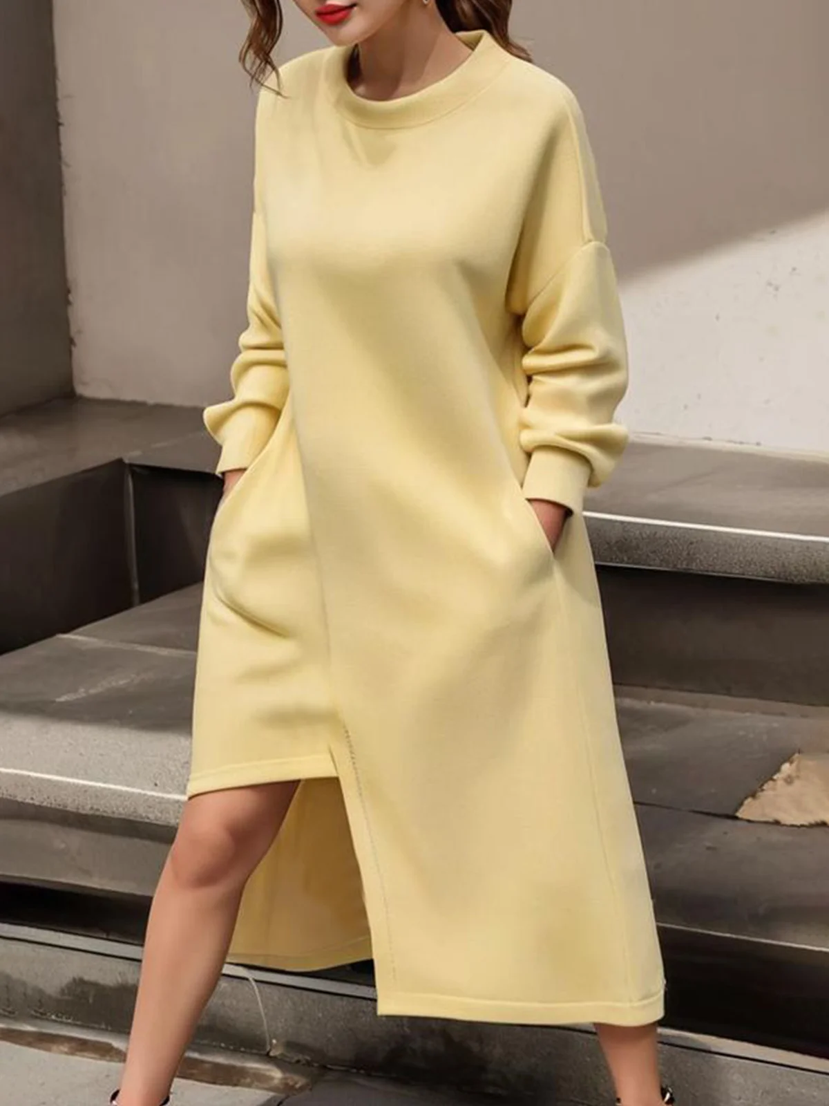 Loose Plain Crew Neck Long Sleeve Casual Dress