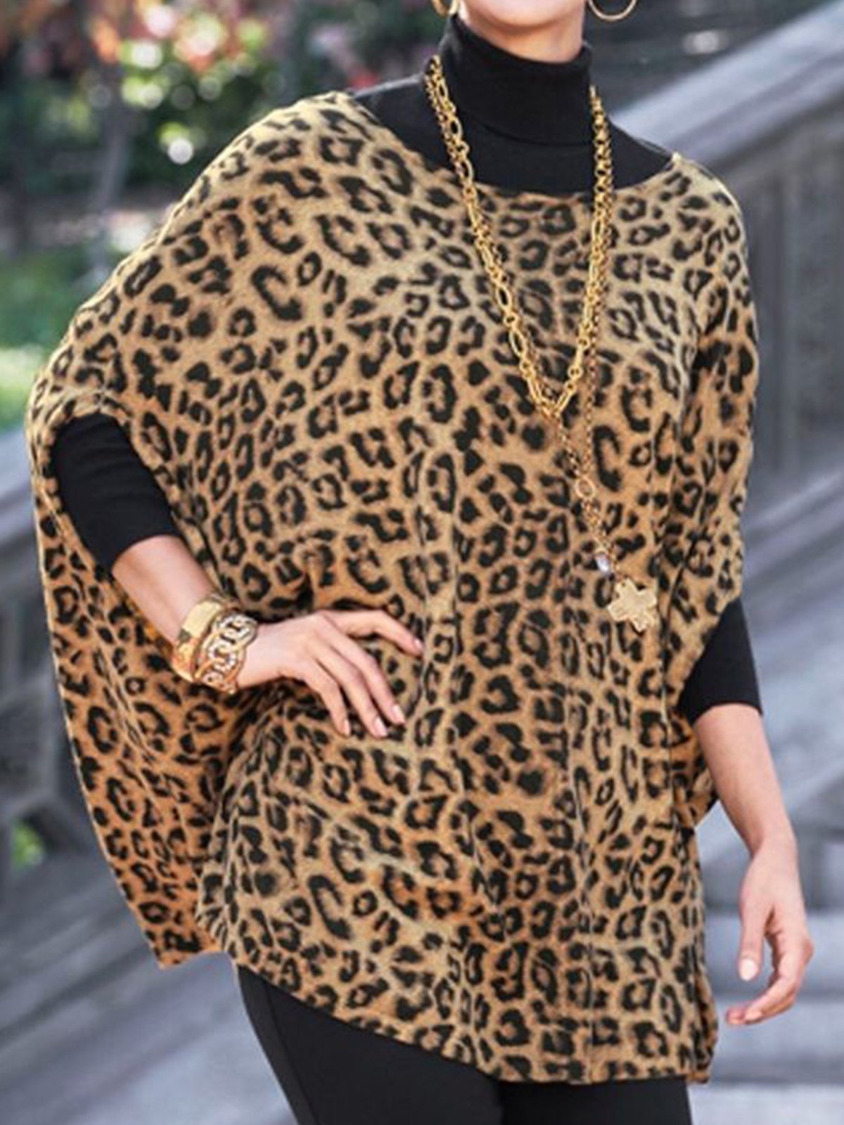 Raglan Sleeve Casual Leopard Split Joint Blouse