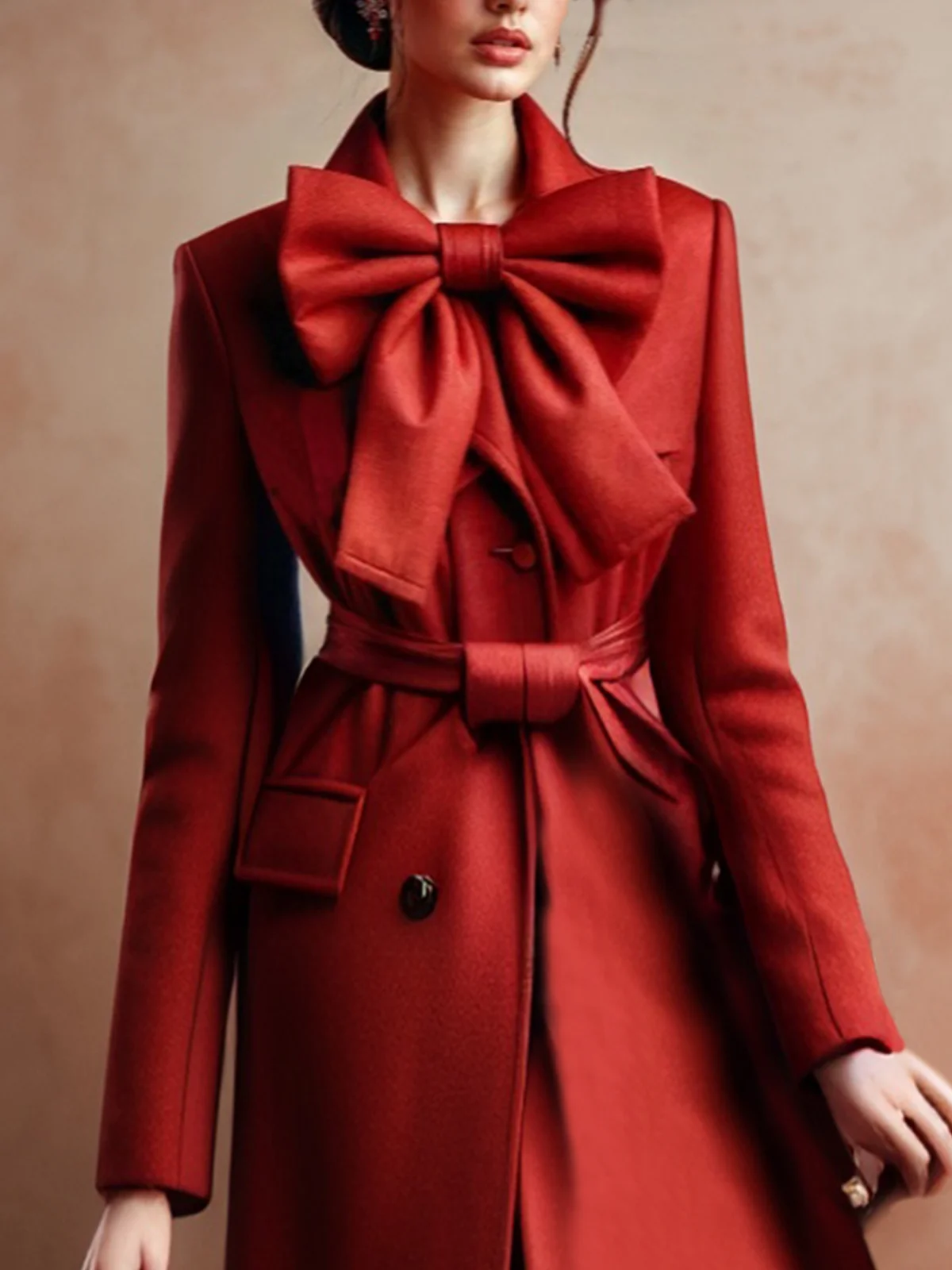 Elegant Regular Sleeve Regular Fit Bow Coat With Belt