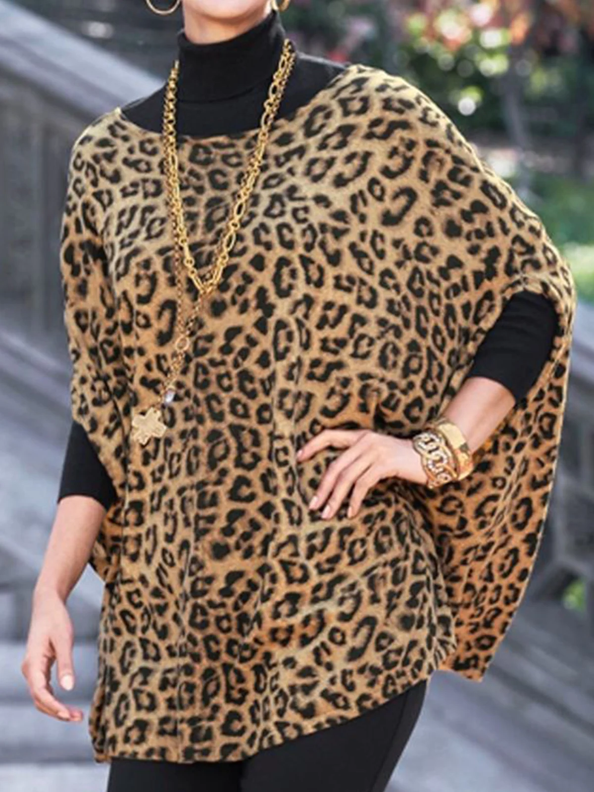 Raglan Sleeve Casual Leopard Split Joint Blouse