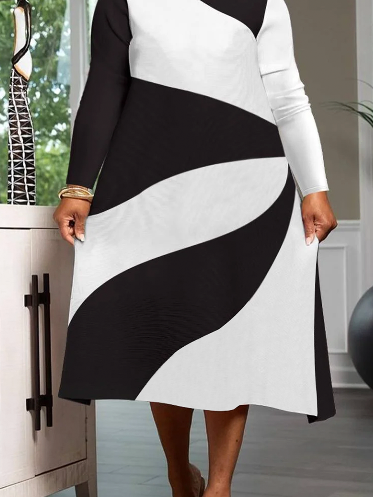 Loose Regular Sleeve Geometric Crew Neck Long Sleeve Urban Midi Dress