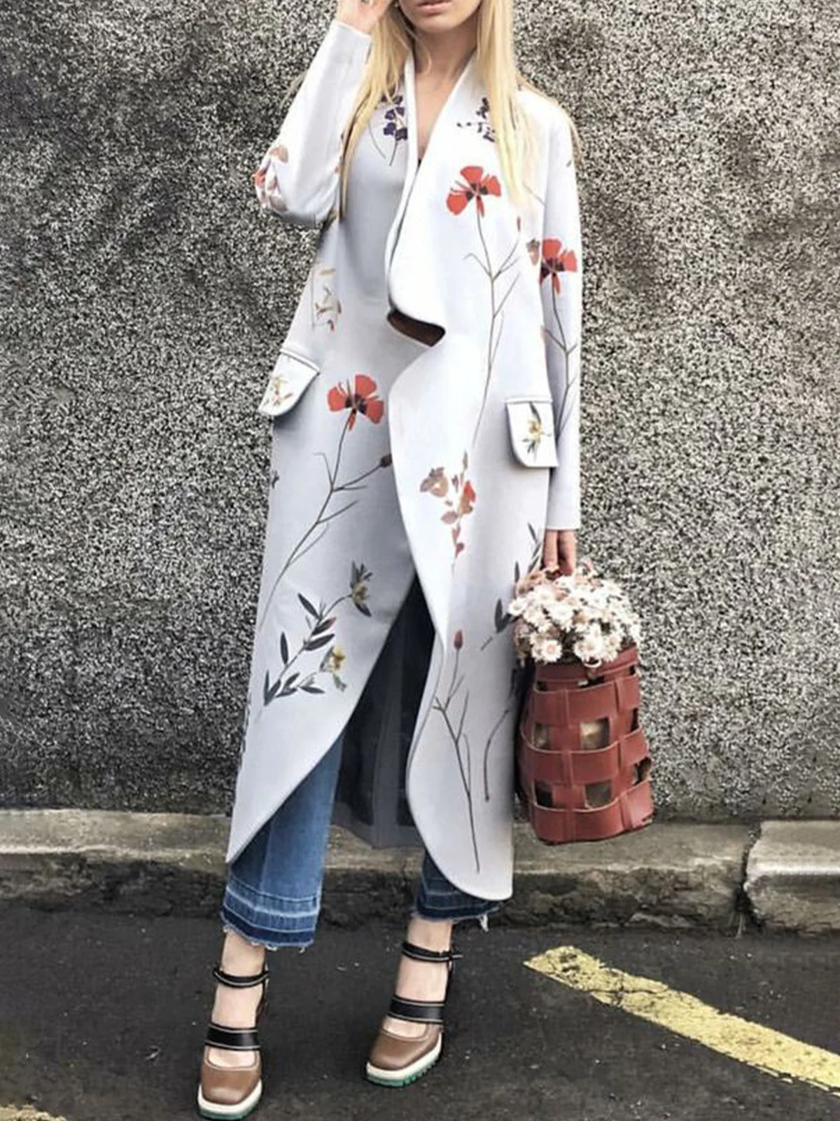 Floral Urban Loose Regular Sleeve Coat With Belt