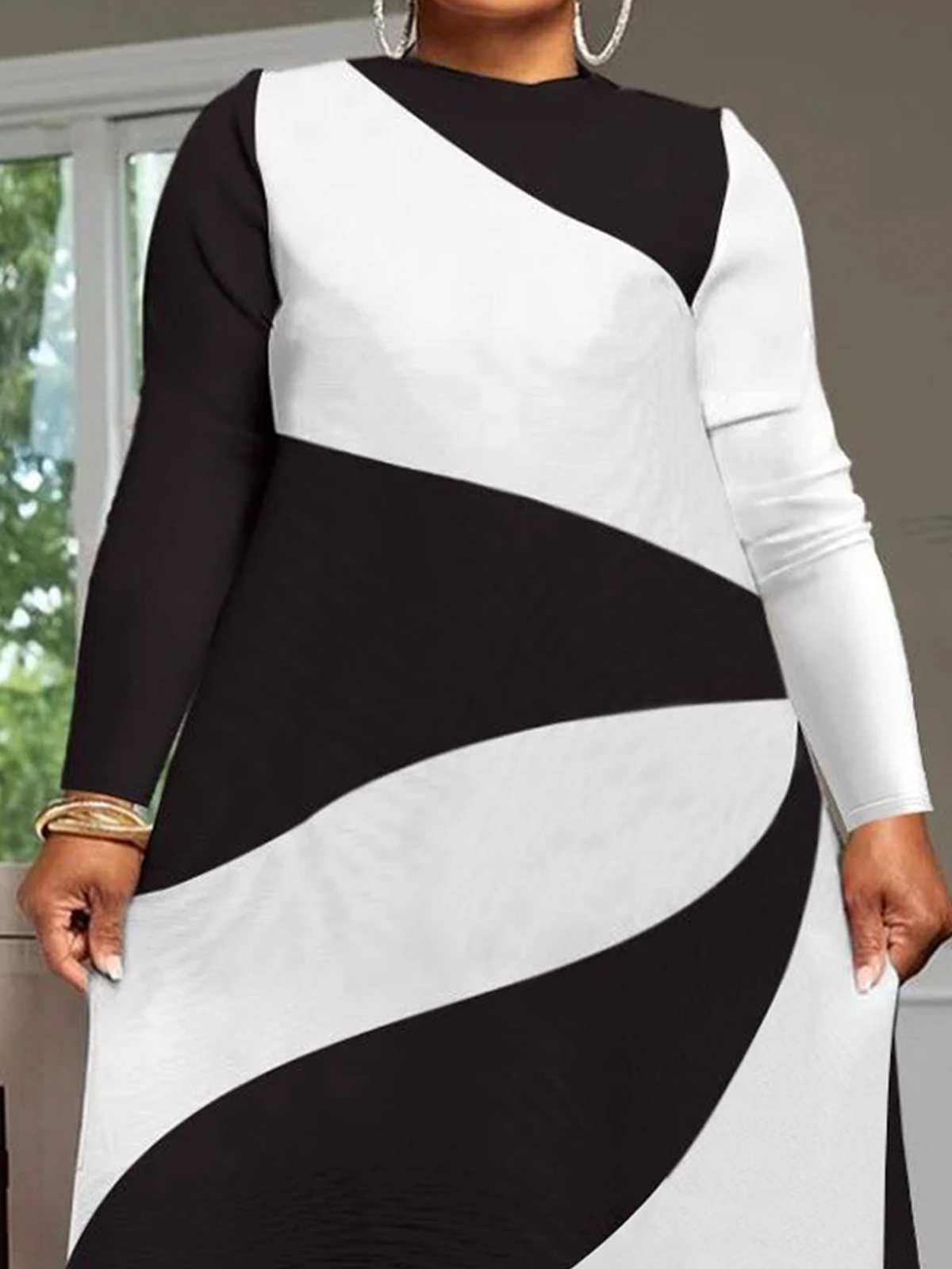 Loose Regular Sleeve Geometric Crew Neck Long Sleeve Urban Midi Dress