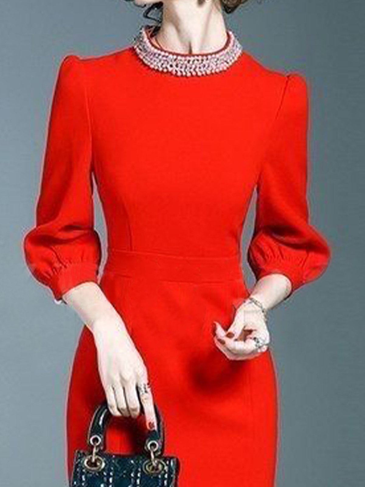 Plain Stand Collar Elegant Regular Fit Dress