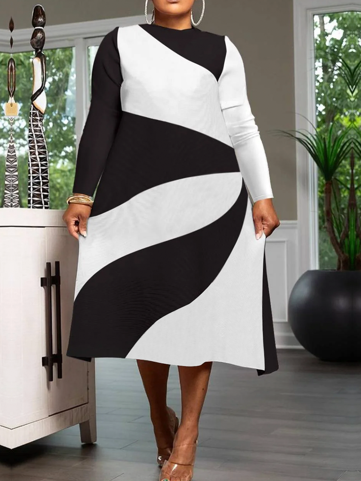 Loose Regular Sleeve Geometric Crew Neck Long Sleeve Urban Midi Dress