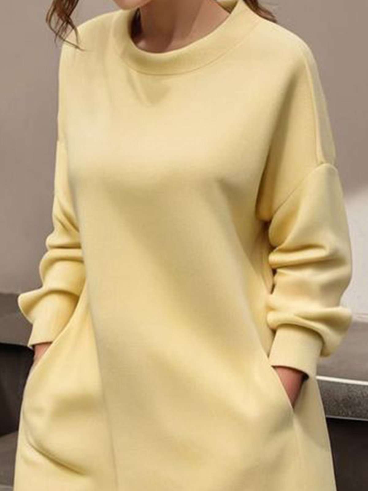 Loose Plain Crew Neck Long Sleeve Casual Dress