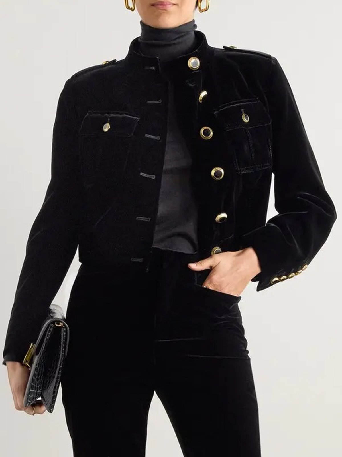 Velvet Stand Collar Buttoned Regular Fit Urban Plain Jacket