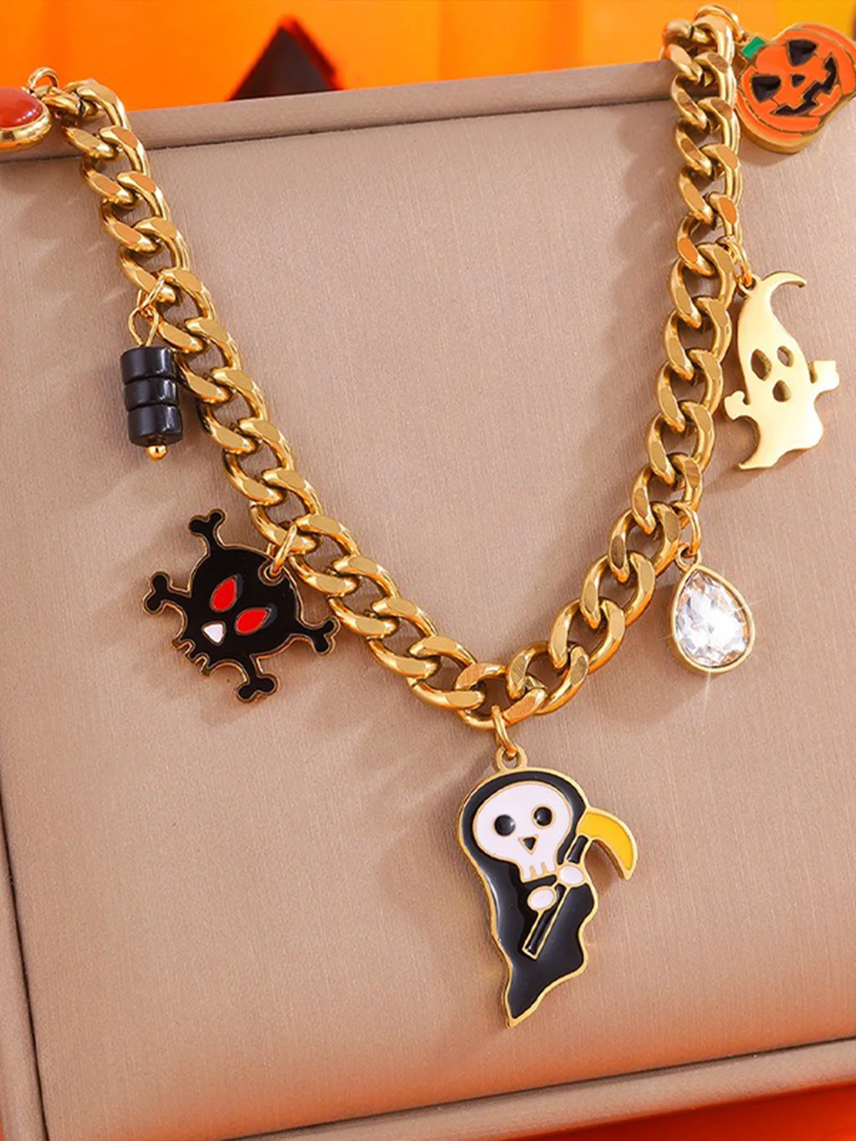 Hallowee Pumpkin Pattern Skull Pendant Necklaces