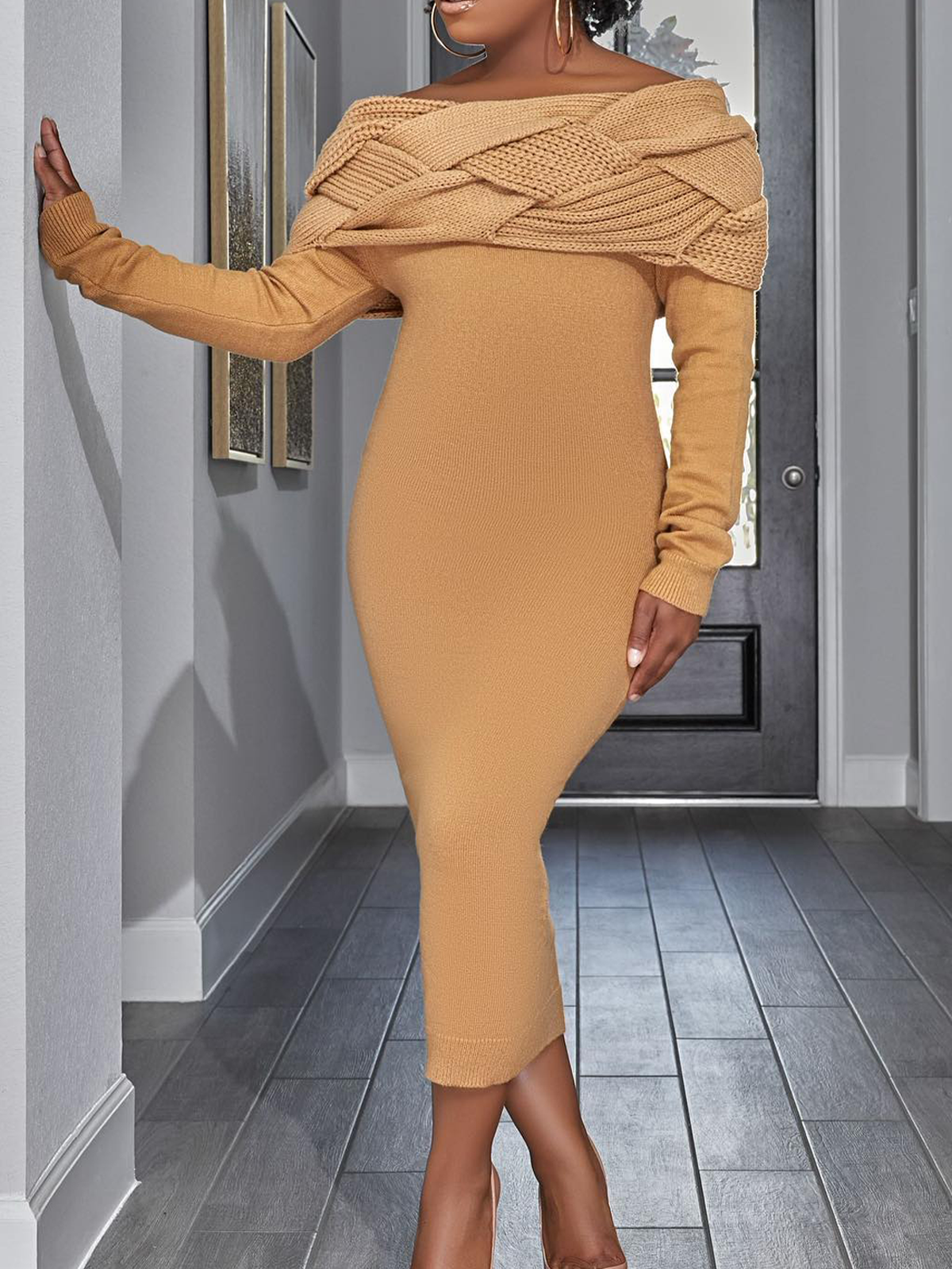 High Elasticity Tight Elegant Cold Shoulder Long Sleeve Midi Sweater Dress