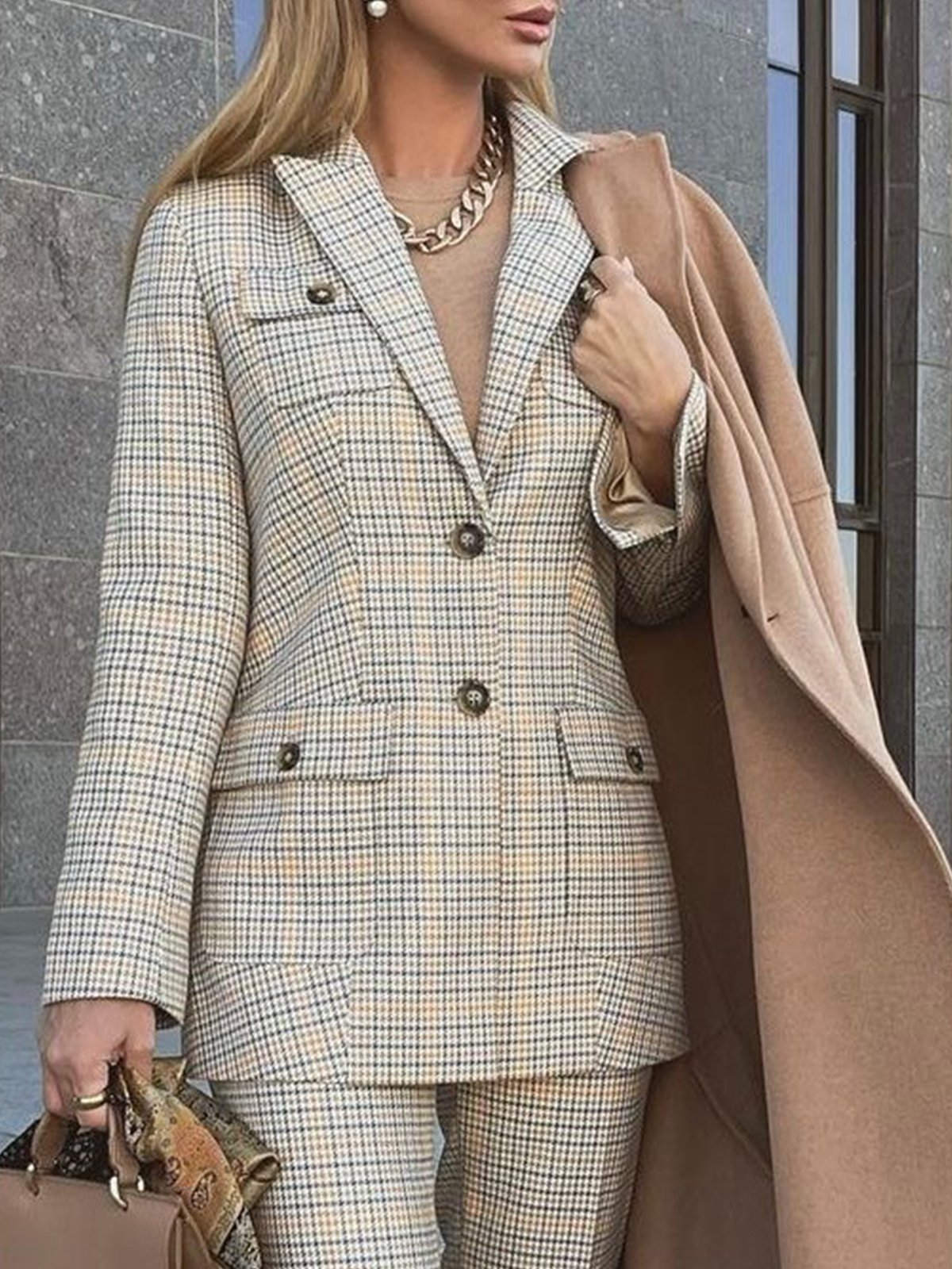 Lapel Collar Urban Plaid Long Sleeve Blazer