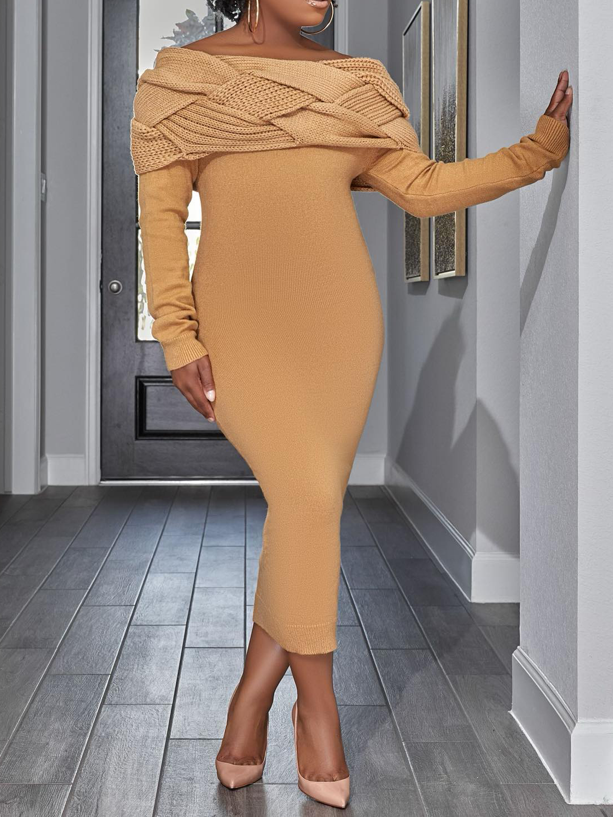 High Elasticity Tight Elegant Cold Shoulder Long Sleeve Midi Sweater Dress