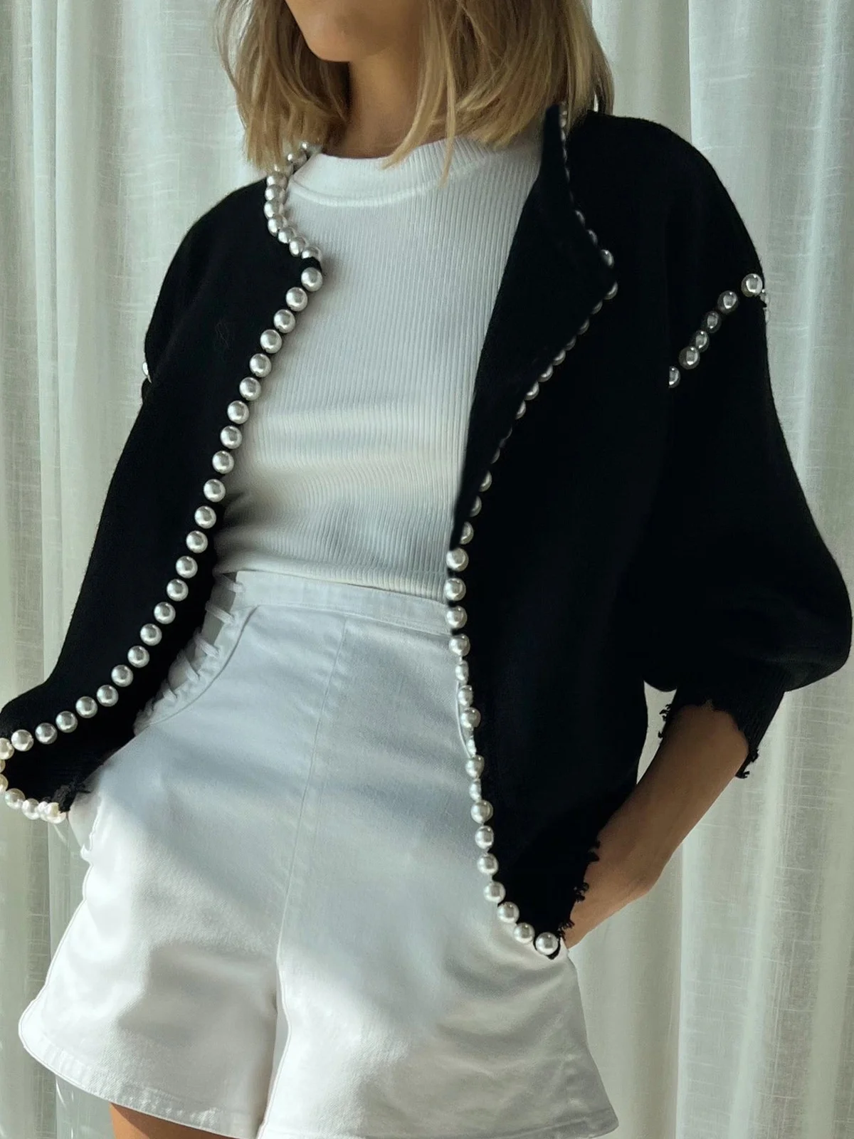 Casual Regular Sleeve Imitation Pearls Sweater Cardigan