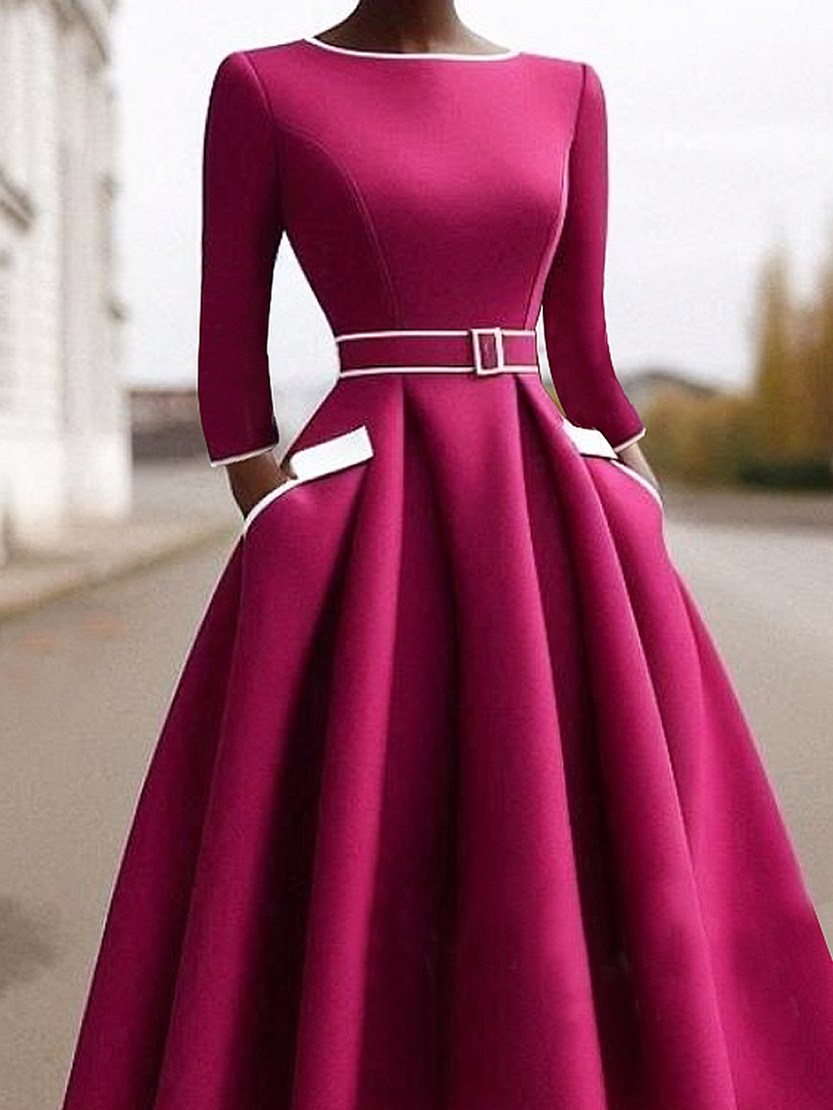 Color Block Regular Sleeve Regular Fit Crew Neck Three Quarter Sleeve Elegant Dress With Belt