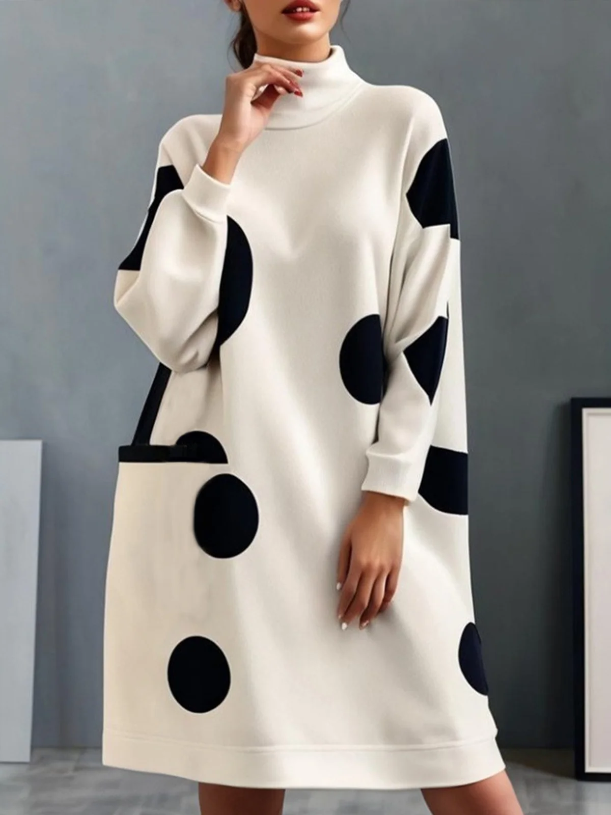 Daily Turtleneck  Polka Dots Loose Dress