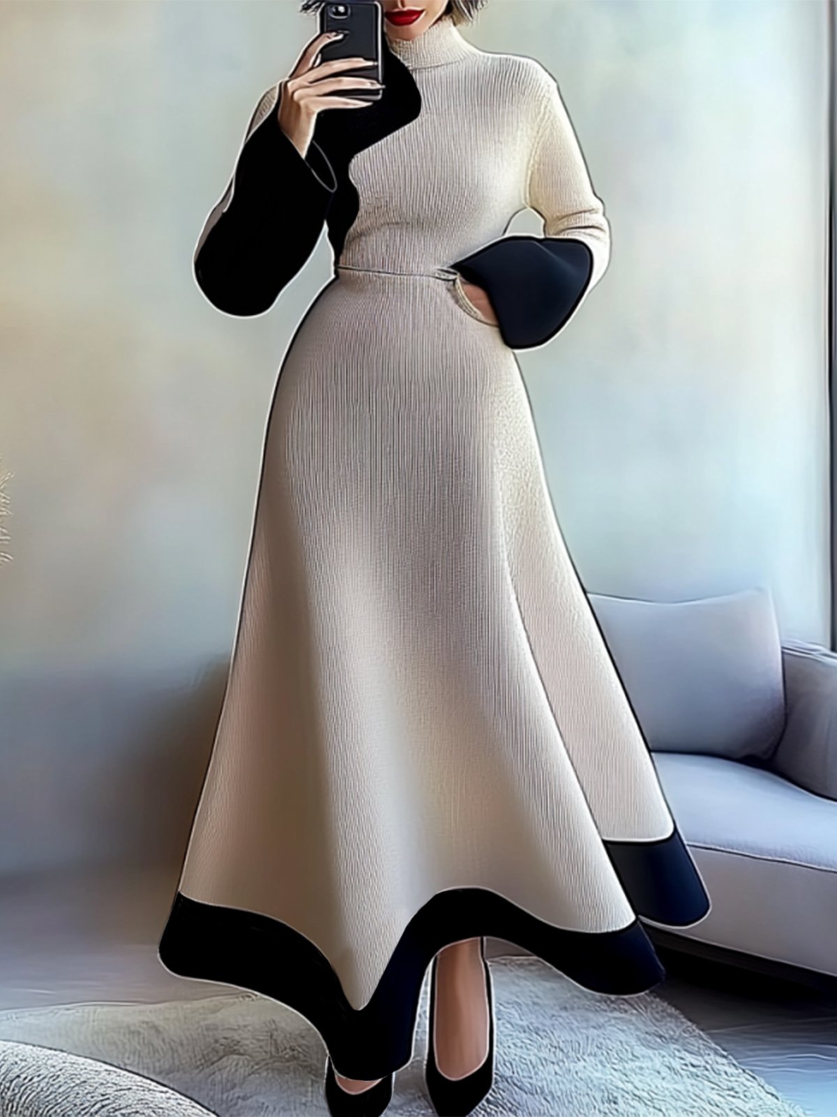 Elegant Color Block Long Sleeve Regular Fit Maxi Sweater Dress