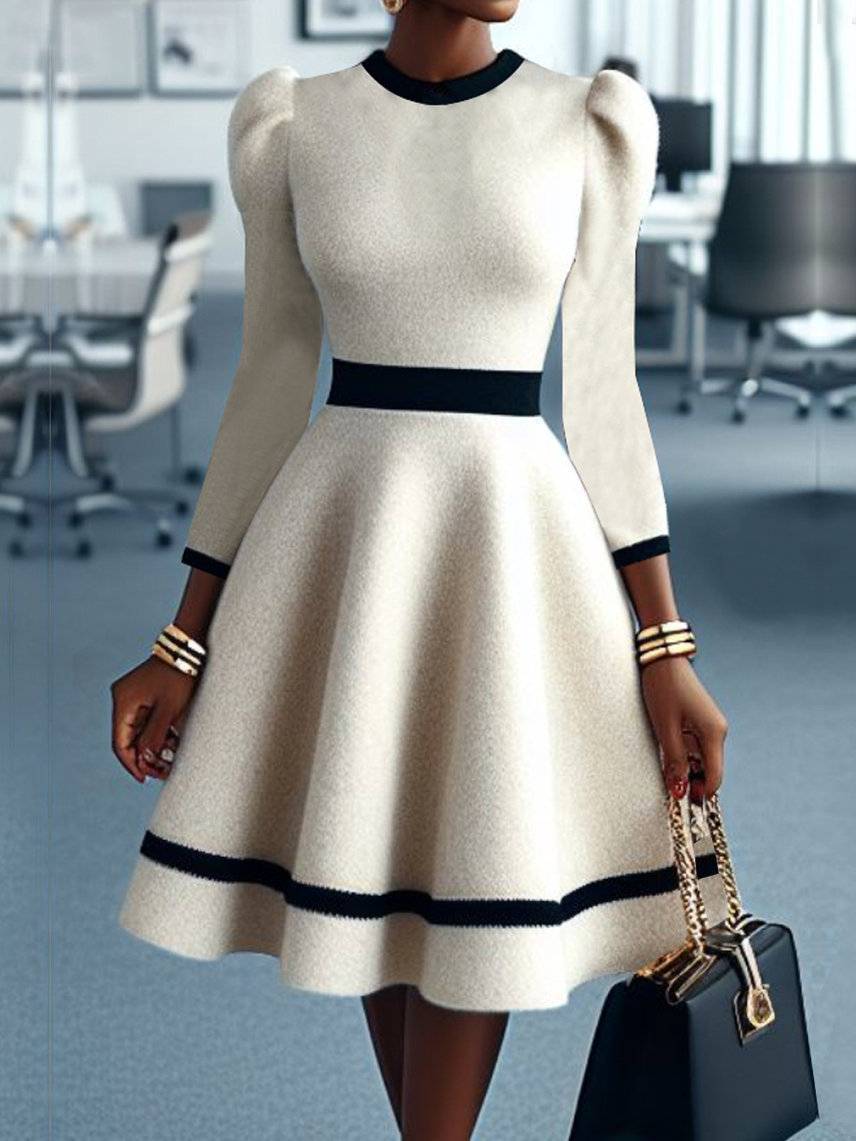 Regular Fit Crew Neck Long Sleeve Elegant Puff Sleeve Midi Sweater Dress