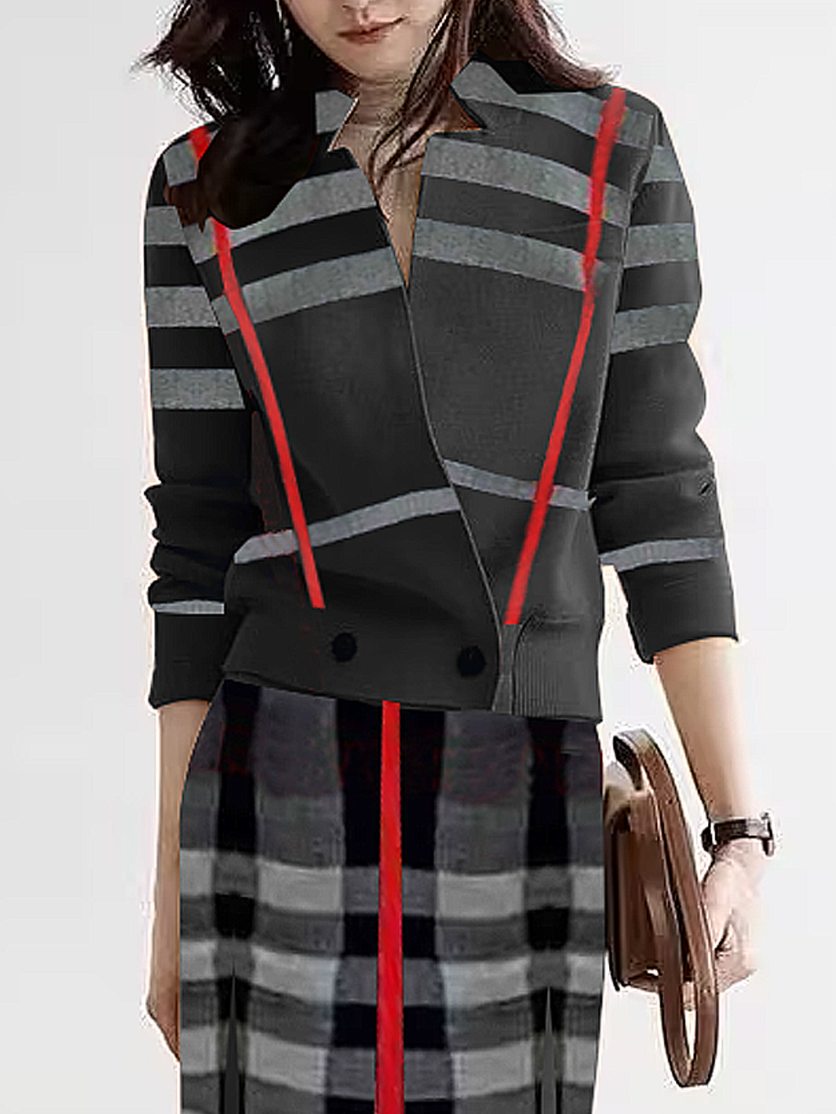 High Elasticity Urban Stand Collar Long Sleeve Plaid Regular Sleeve Sweater Cardigan