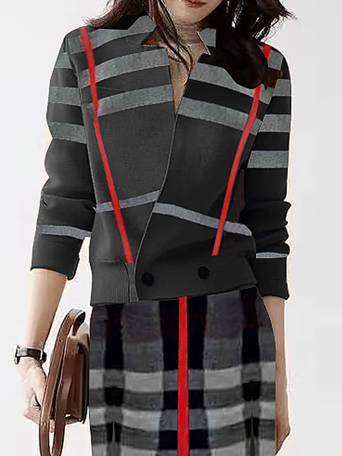 High Elasticity Urban Stand Collar Long Sleeve Plaid Regular Sleeve Sweater Cardigan