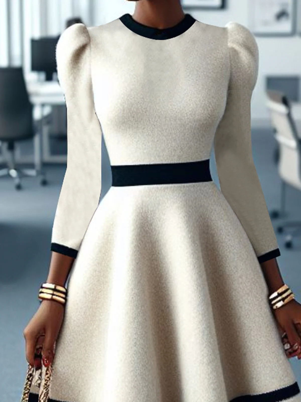 Regular Fit Crew Neck Long Sleeve Elegant Puff Sleeve Midi Sweater Dress