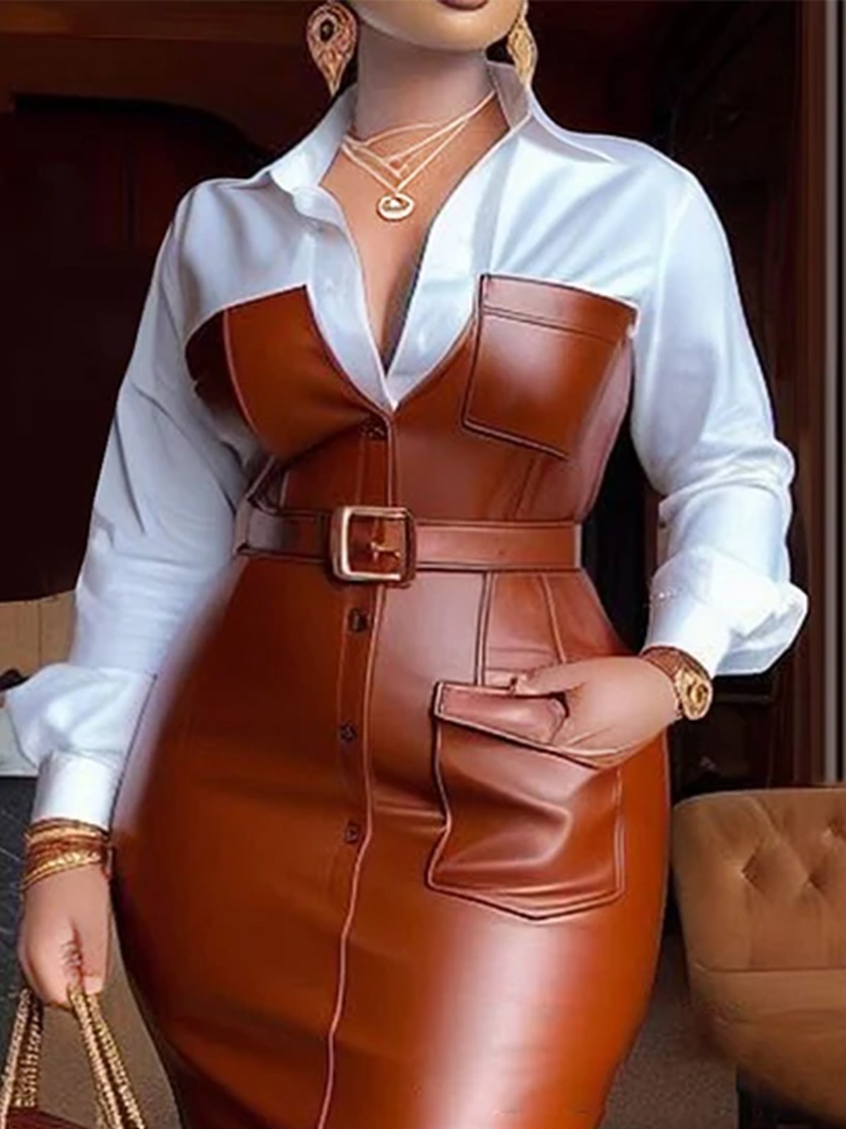 Regular Sleeve Urban Shirt Collar Faux Leather Midi Dress With Belt