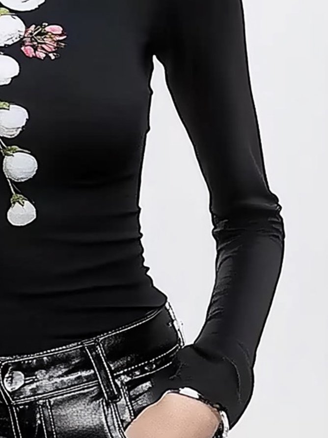 Plus Size Regular Sleeve Floral Casual Turtleneck T-Shirt