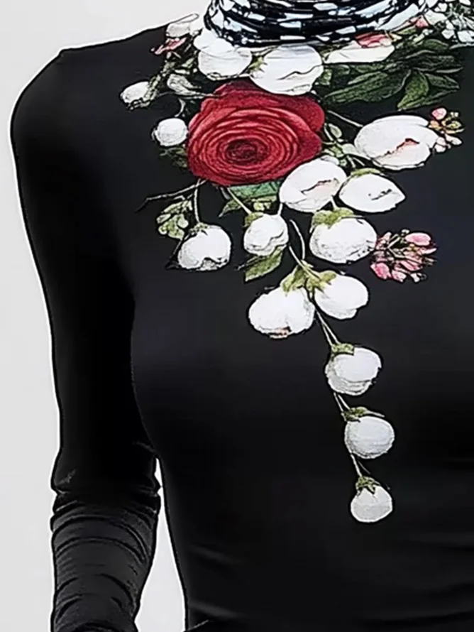 Plus Size Regular Sleeve Floral Casual Turtleneck T-Shirt