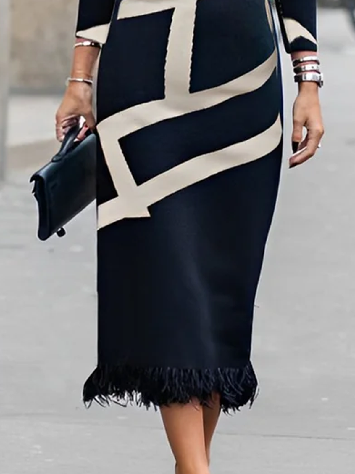 Plus Size Regular Sleeve Geometric Feather Regular Fit Long Sleeve Elegant Midi Dress