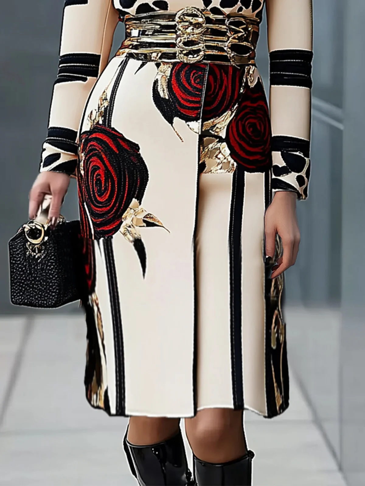 Regular Sleeve Urban Stand Collar Printing Dress With No Belt