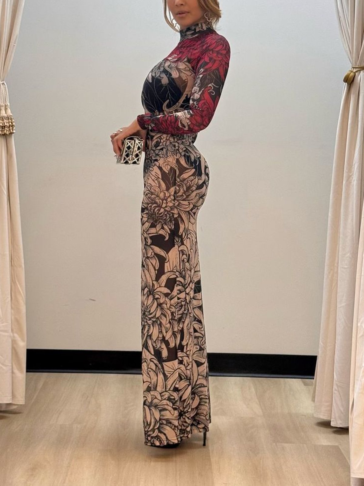 Elegant Regular Sleeve Floral Tight Long Sleeve Maxi Dress