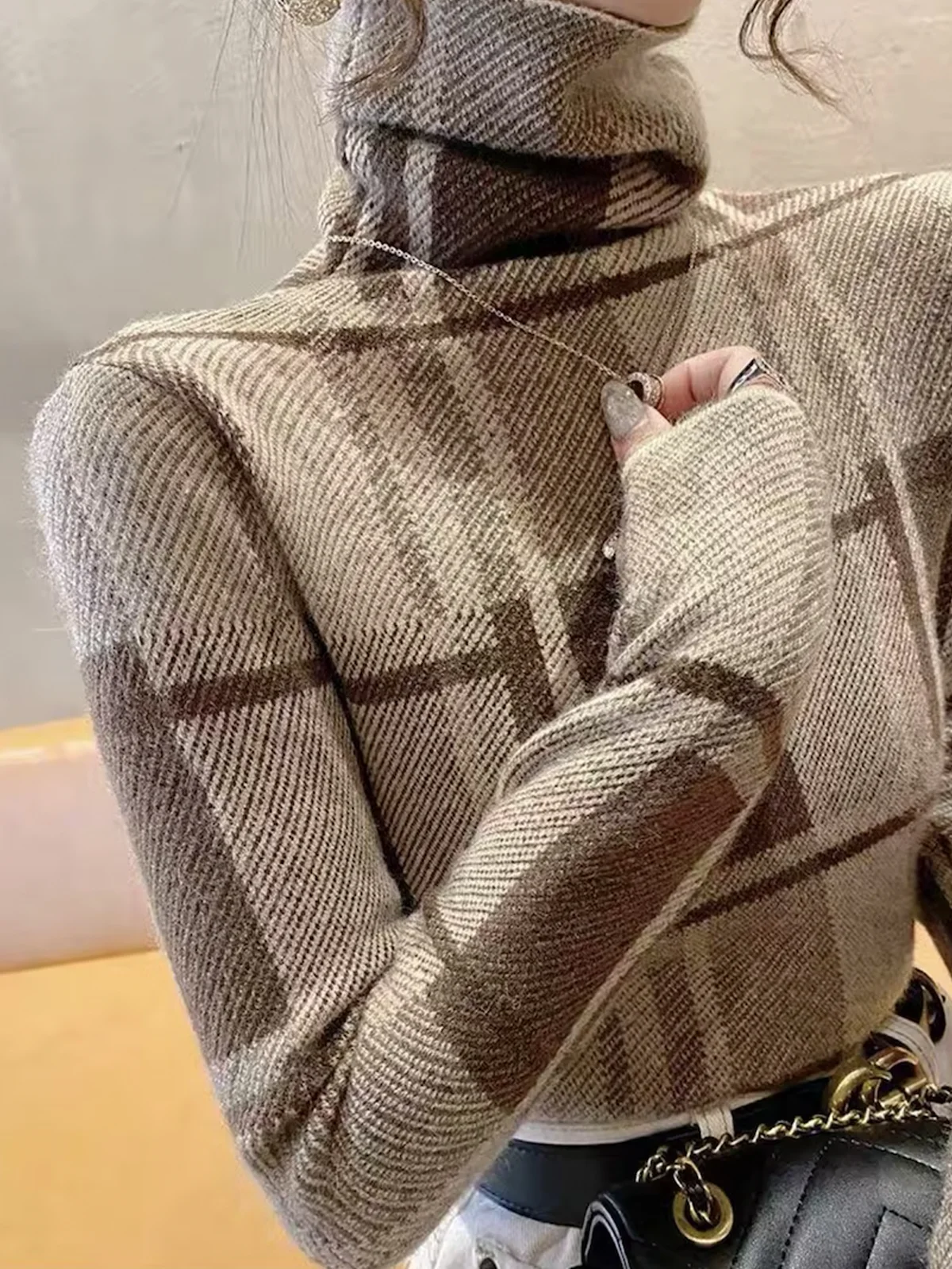 High Elasticity Regular Sleeve Tight Urban Plaid Turtleneck Long Sleeve Sweater