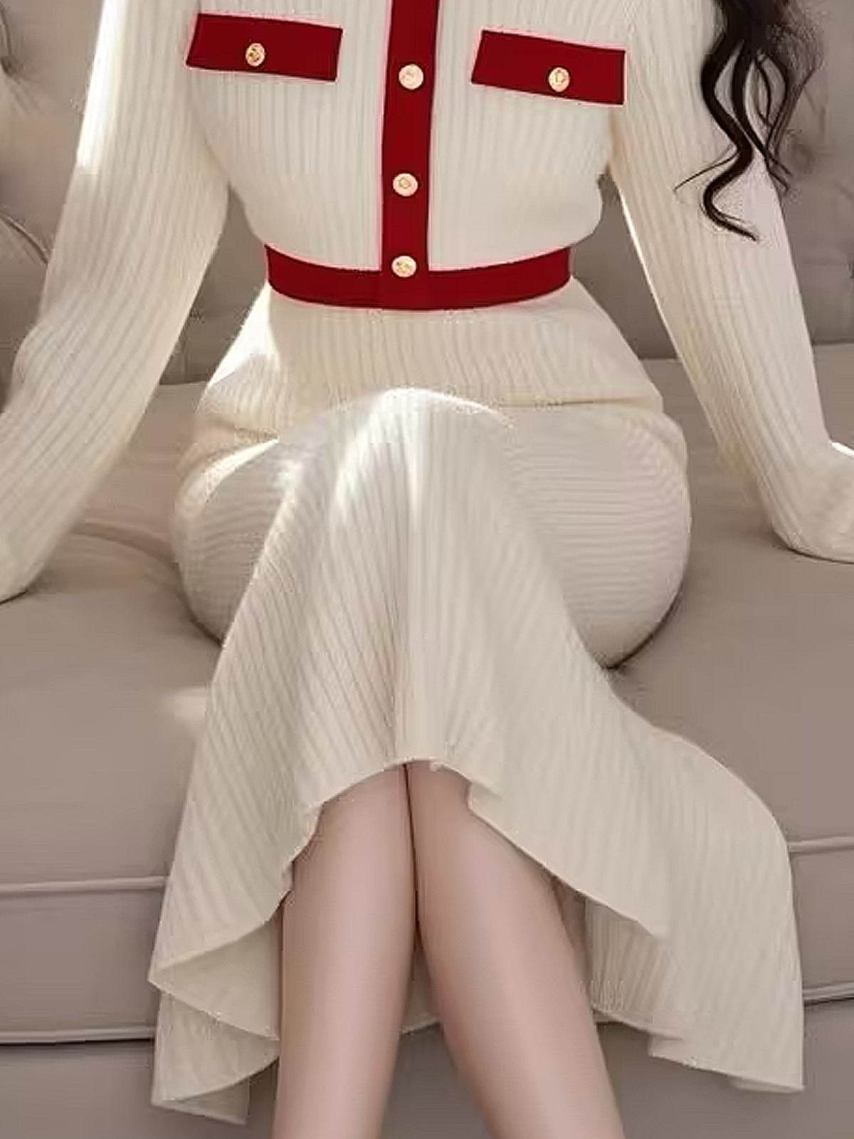 High Elasticity Regular Sleeve Elegant Tight Color Block Long Sleeve Midi Sweater Dress