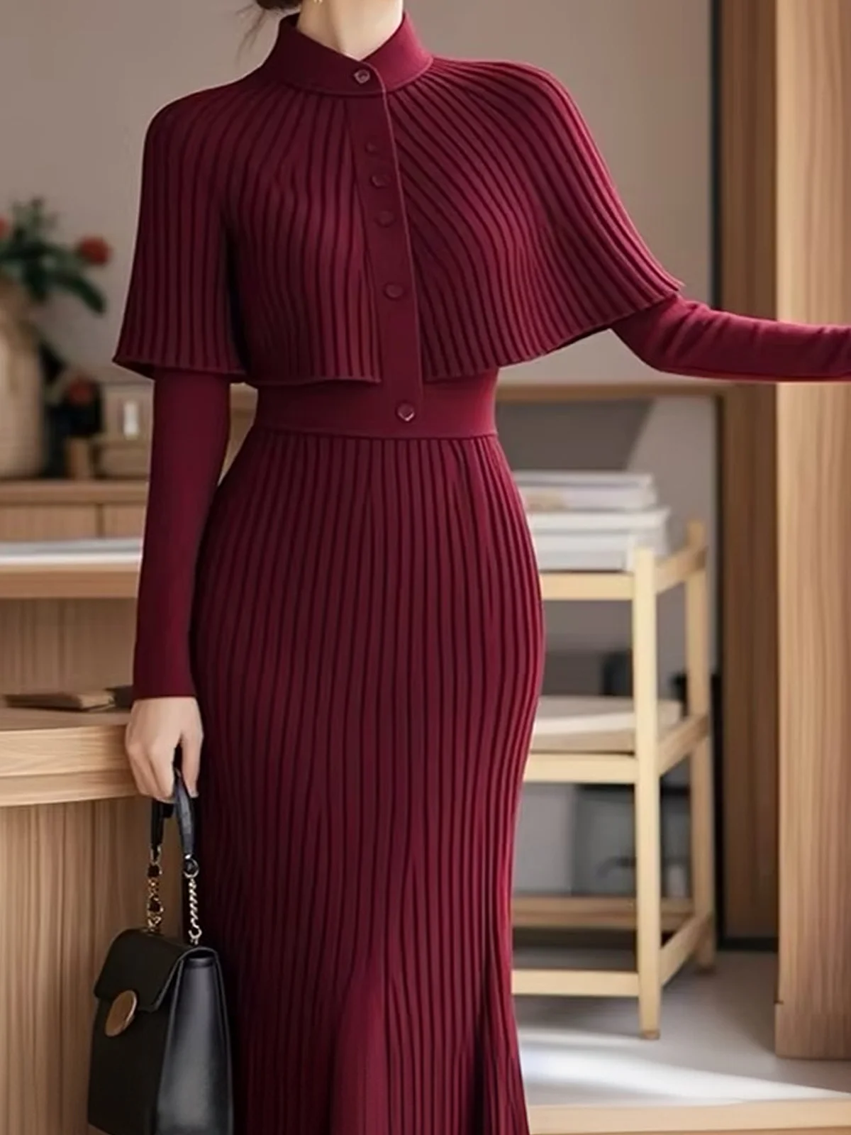 High Elasticity Tight Regular Sleeve Plain Stand Collar Long Sleeve Elegant Sweater Midi Dress