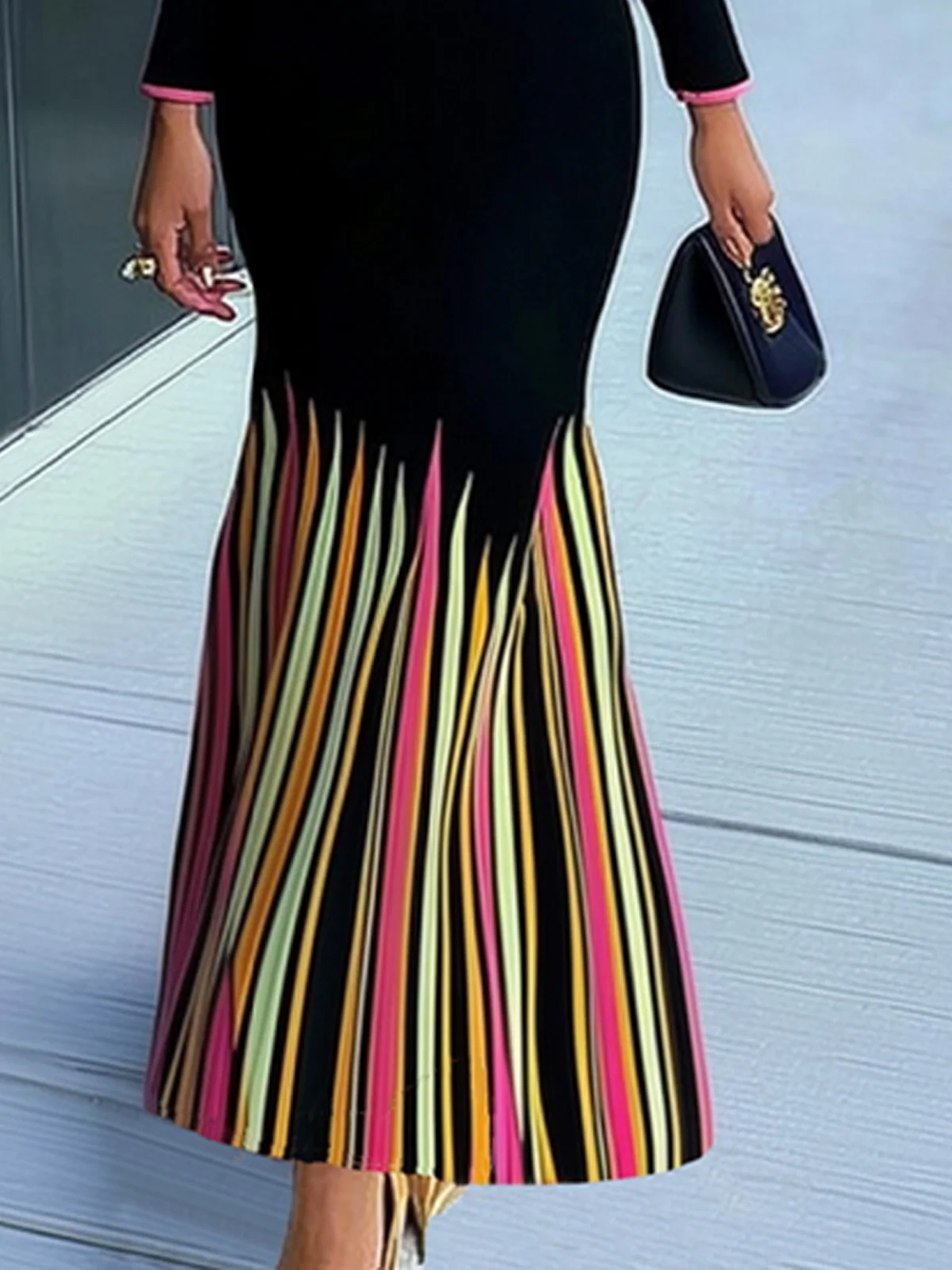 Elegant Striped V Neck Maxi Dress