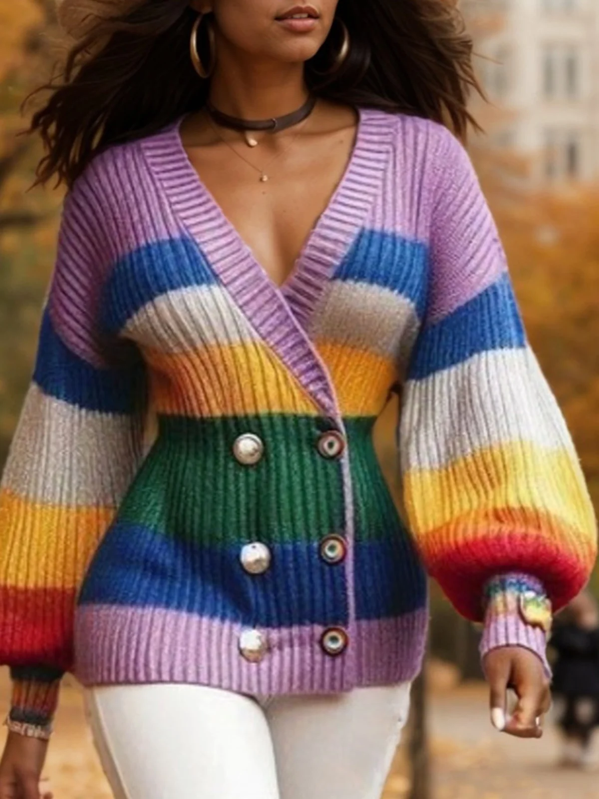 Casual Balloon Sleeve Buttoned  Color Block Striped Cardigan Sweater