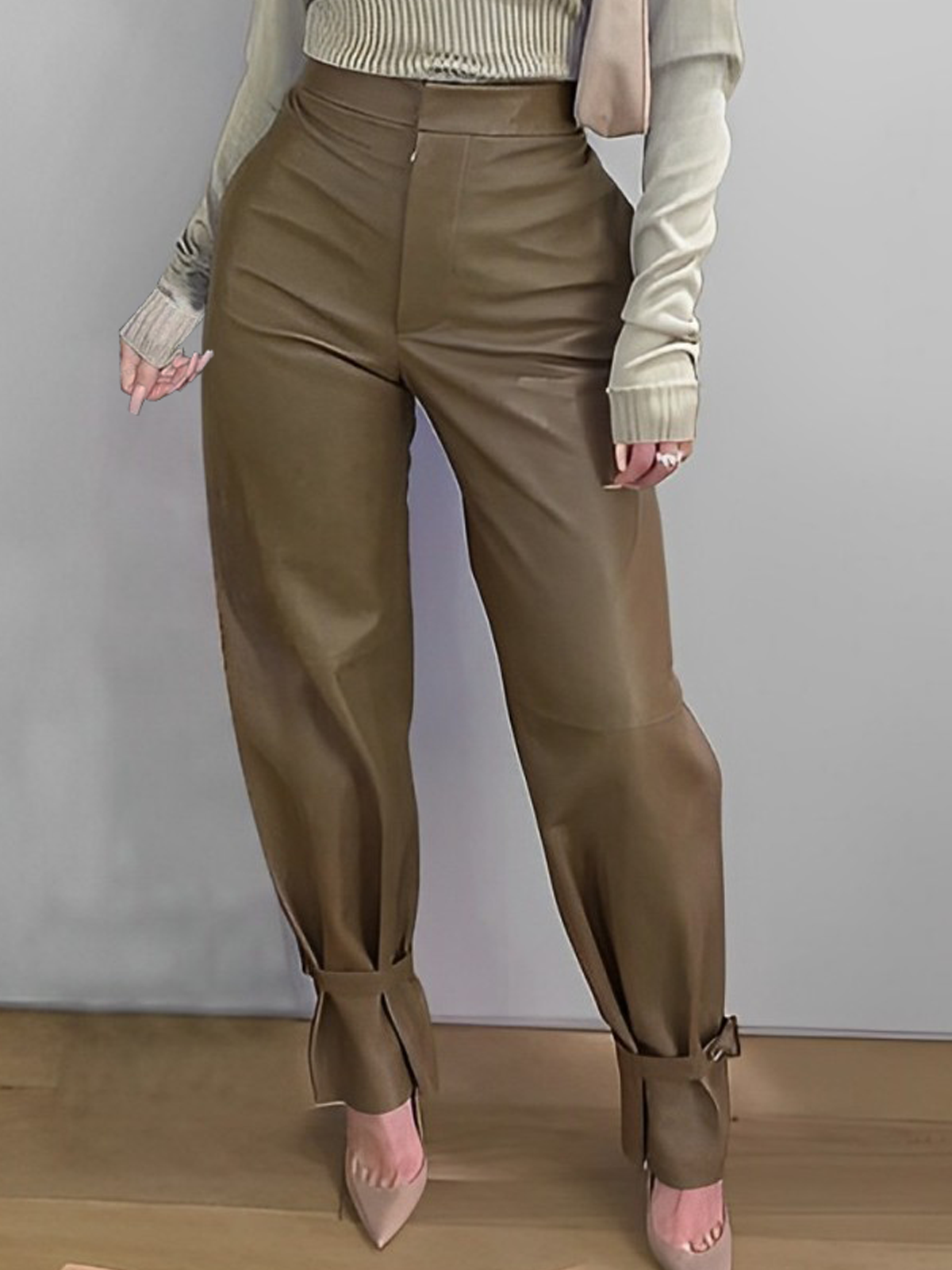 PU Regular Fit Micro-Elasticity Pu Urban Plain Faux Leather Long Pants