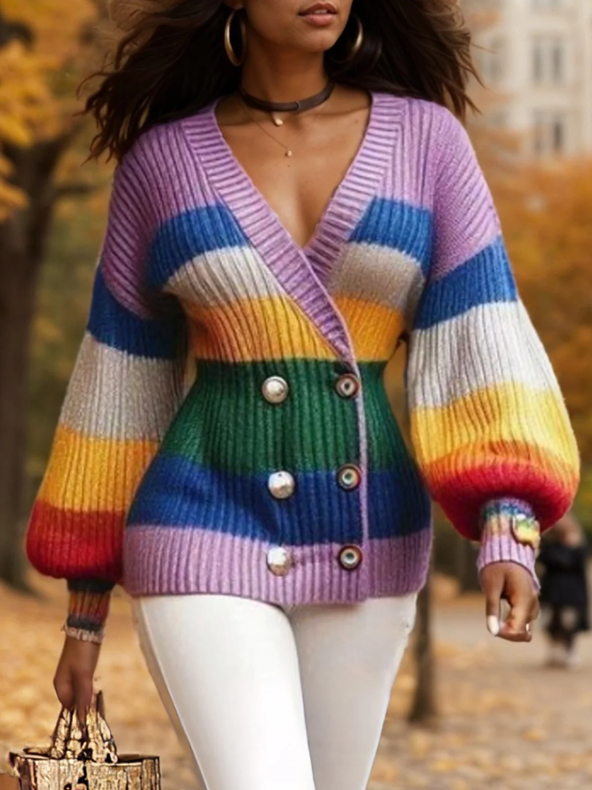 Casual Balloon Sleeve Buttoned  Color Block Striped Cardigan Sweater