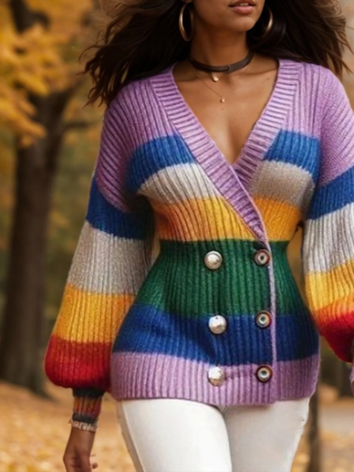 Casual Balloon Sleeve Buttoned  Color Block Striped Cardigan Sweater