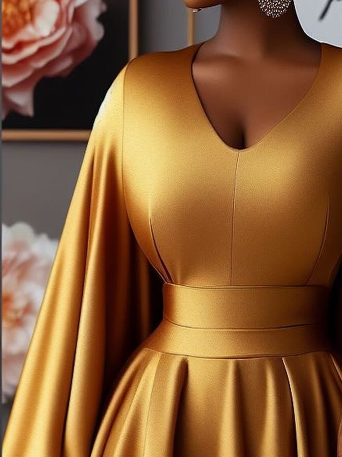 Elegant V Neck Plain Regular Fit Balloon Sleeve Party Dress