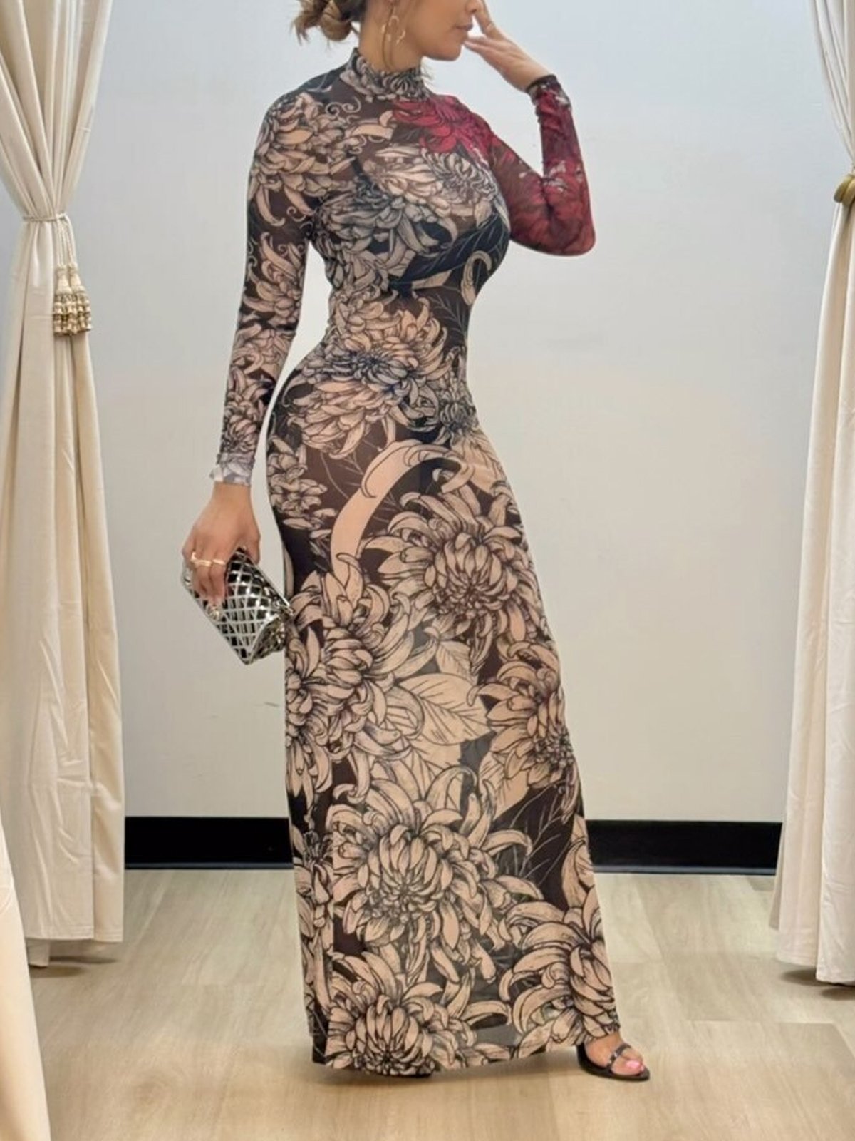 Elegant Regular Sleeve Floral Tight Long Sleeve Maxi Dress