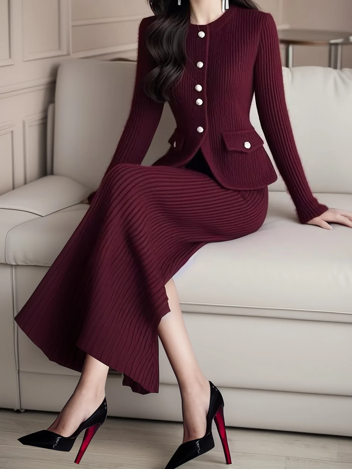 High Elasticity Elegant Regular Fit Plain Maxi Sweater Skirt