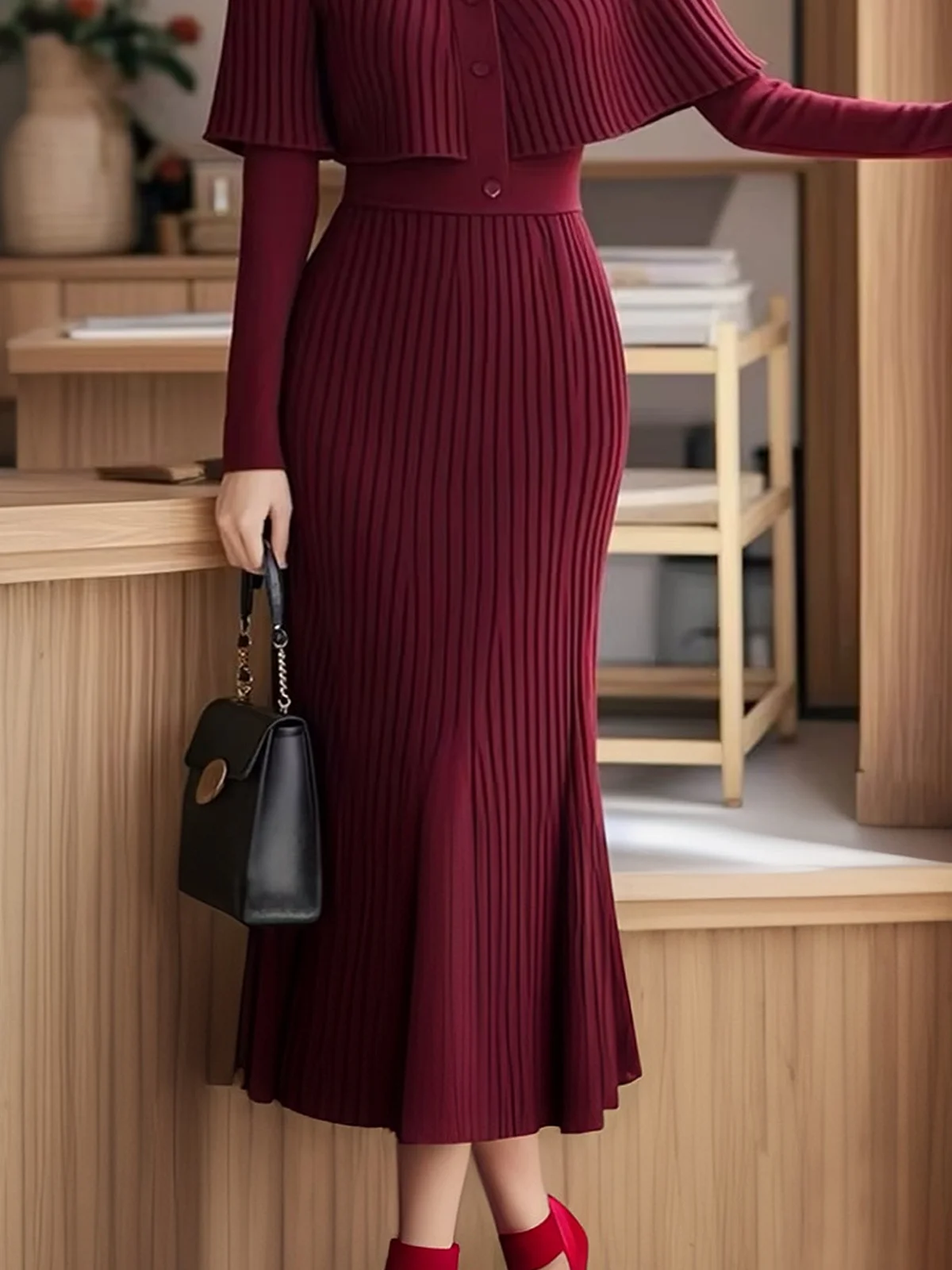 High Elasticity Tight Regular Sleeve Plain Stand Collar Long Sleeve Elegant Sweater Midi Dress