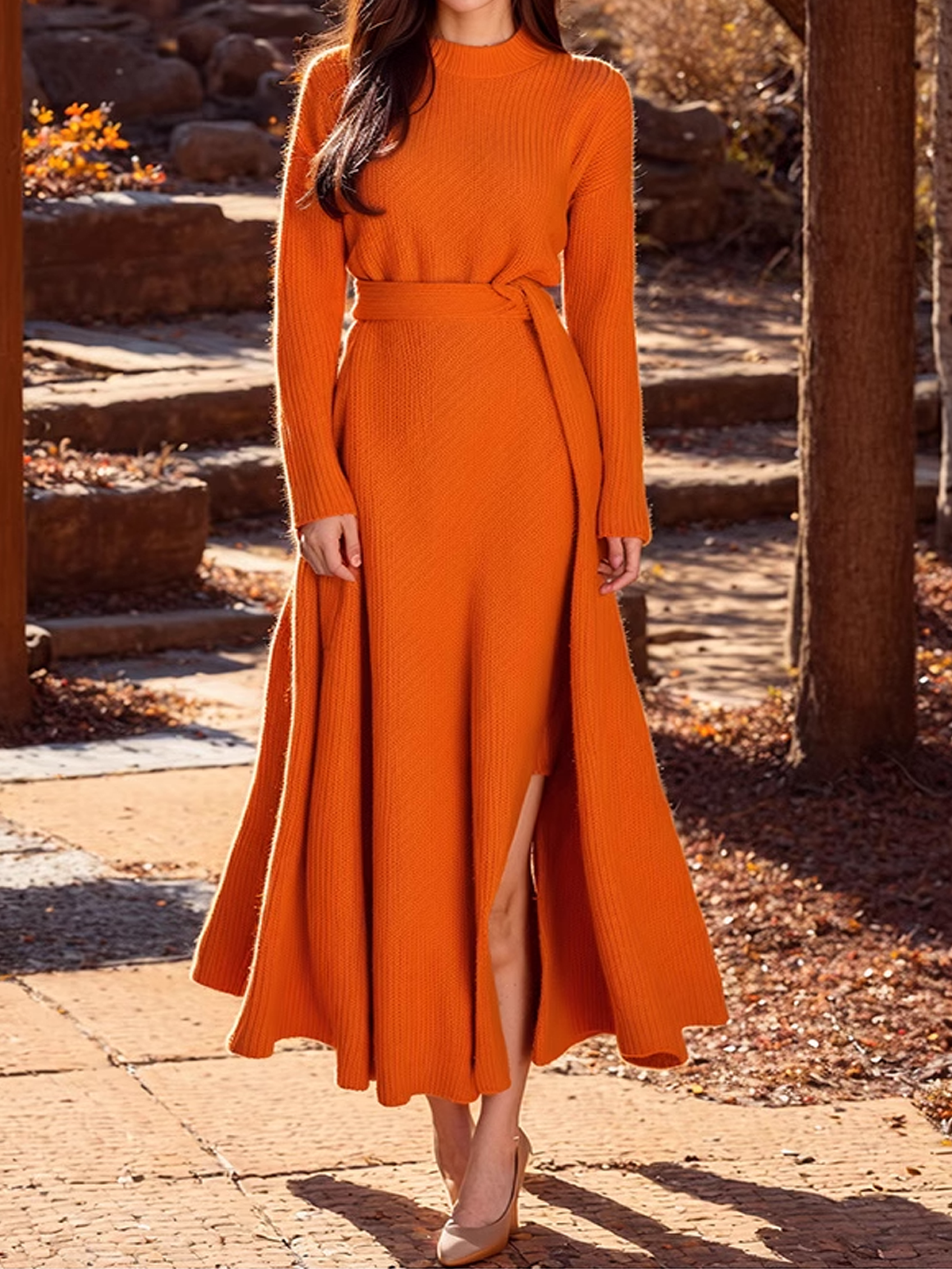 High Elasticity Plain Regular Fit Elegant Crew Neck Regular Sleeve Sweater Maxi Dress With Belt