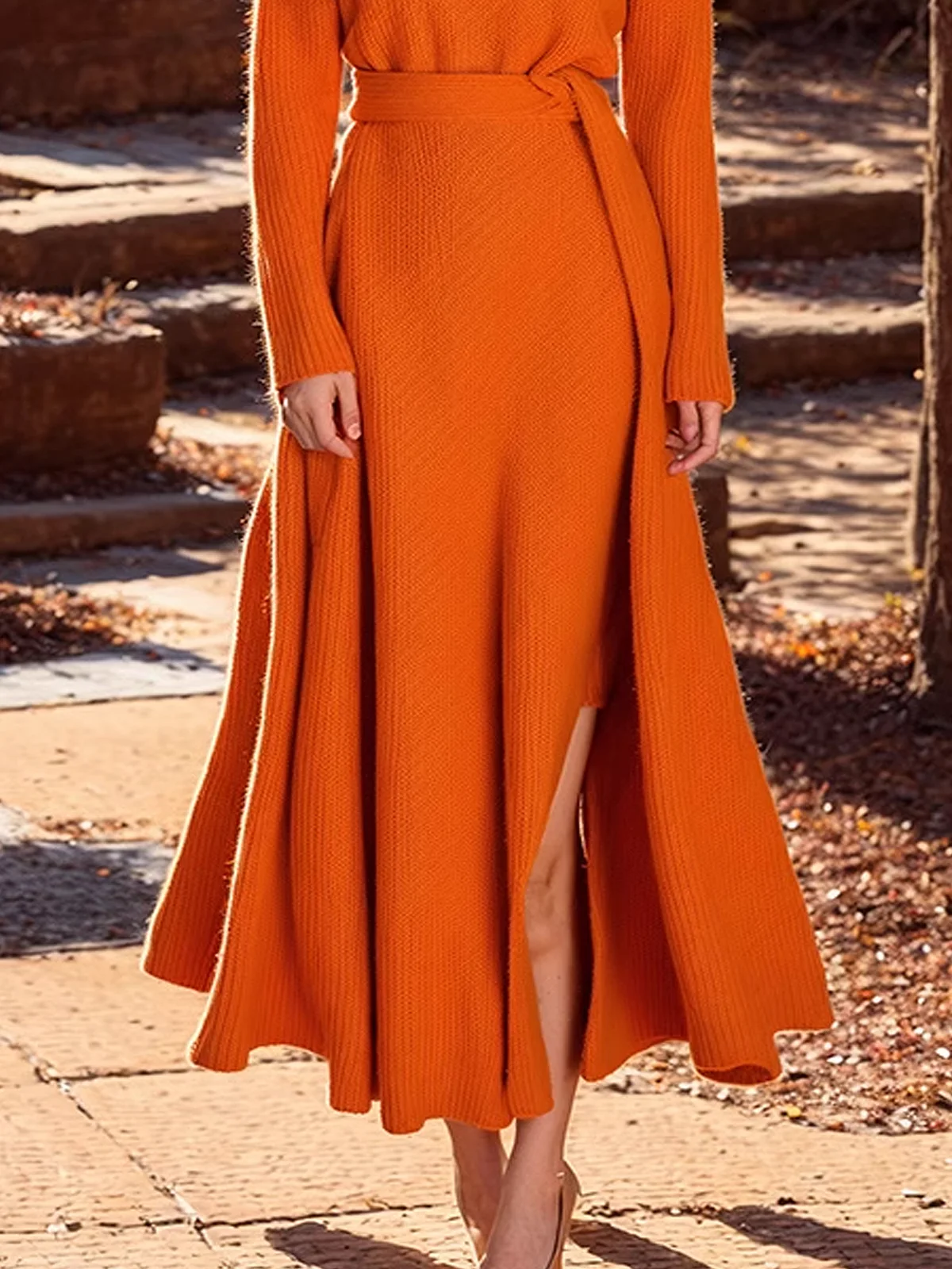 High Elasticity Plain Regular Fit Elegant Crew Neck Regular Sleeve Sweater Maxi Dress With Belt