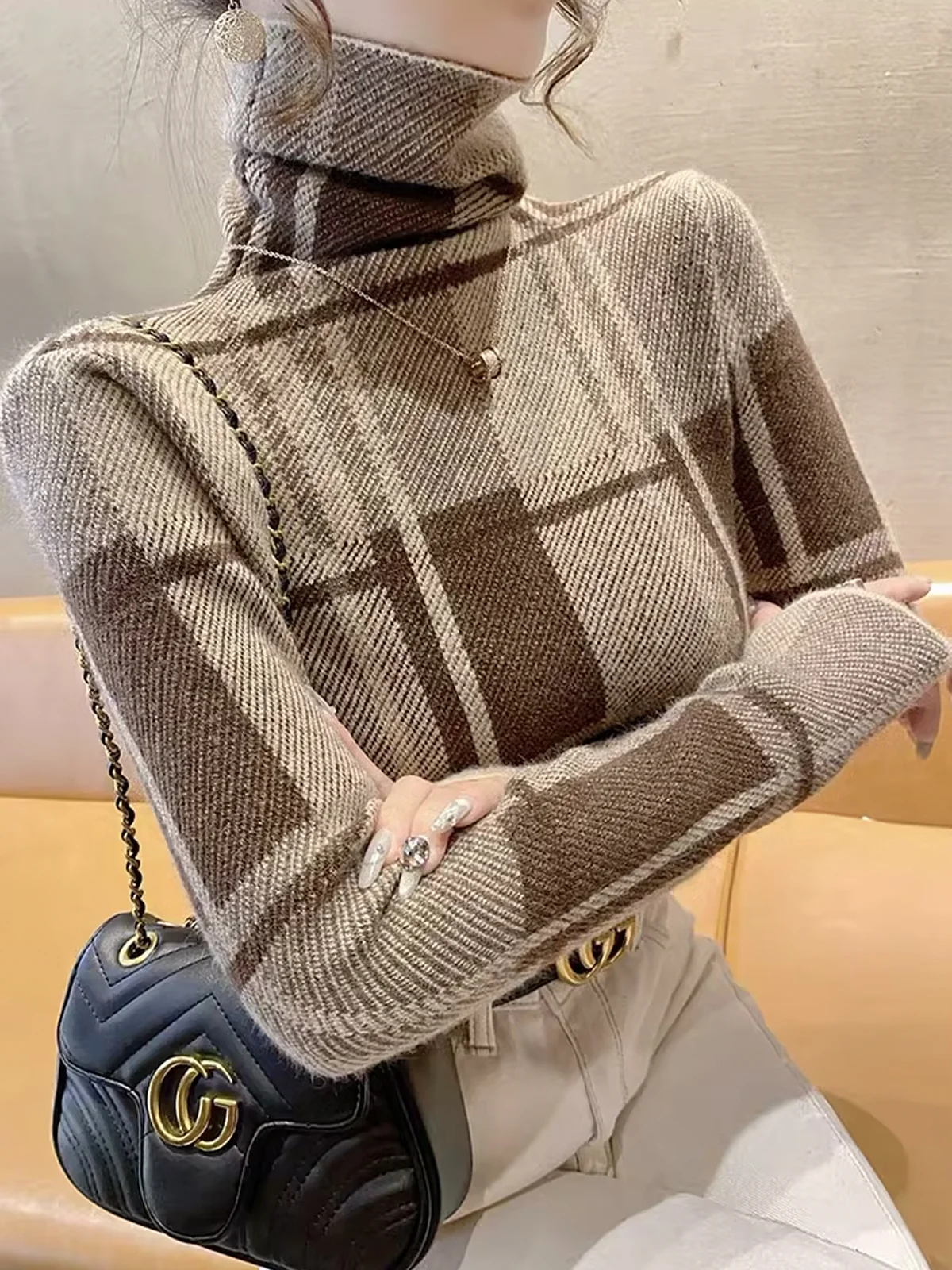 High Elasticity Regular Sleeve Tight Urban Plaid Turtleneck Long Sleeve Sweater