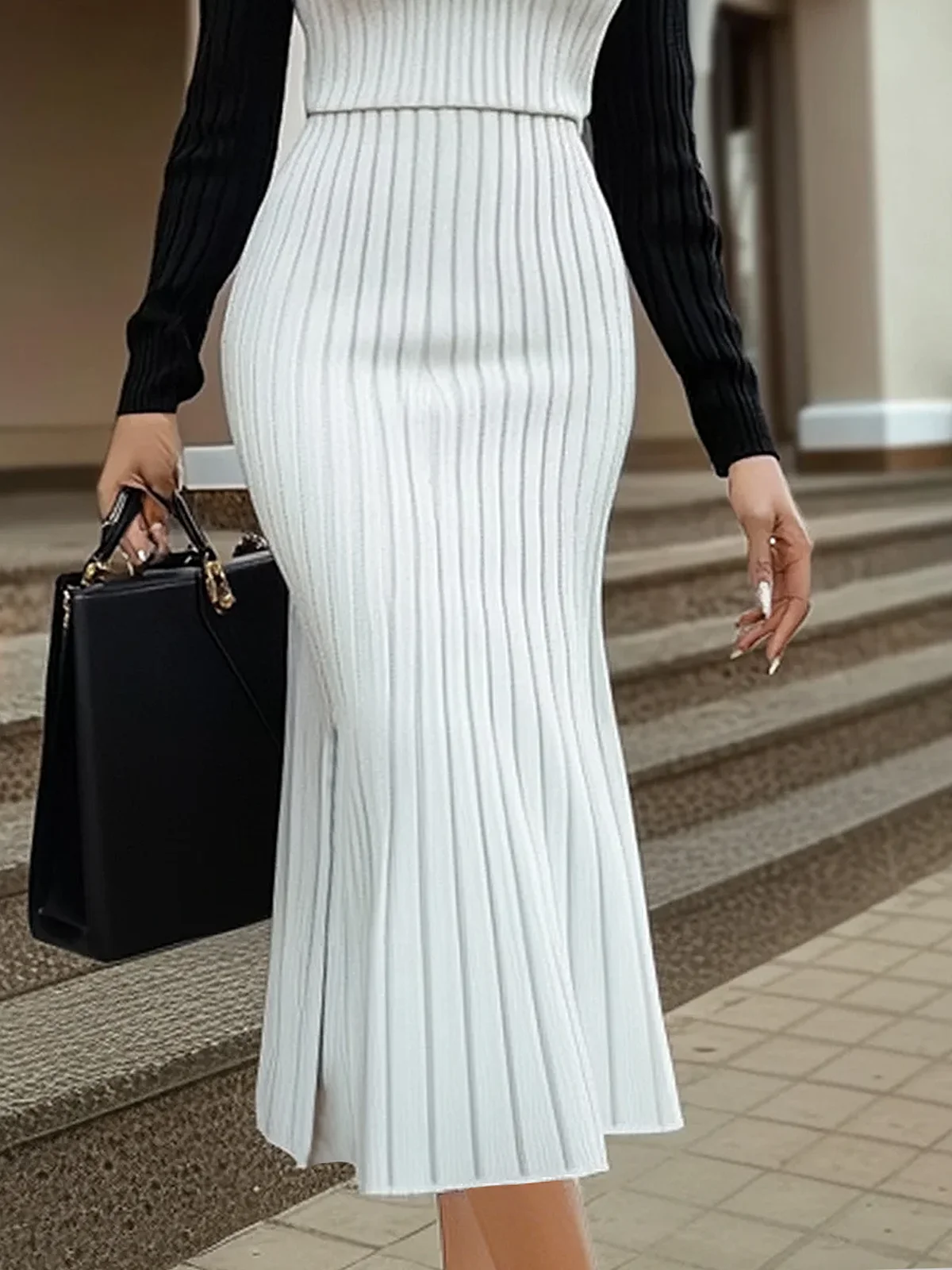 High Elasticity Tight Turtleneck Color Block Regular Sleeve Long Sleeve Elegant Sweater Dress