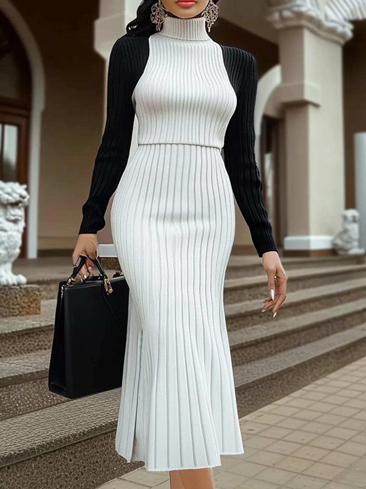 High Elasticity Tight Turtleneck Color Block Regular Sleeve Long Sleeve Elegant Sweater Dress