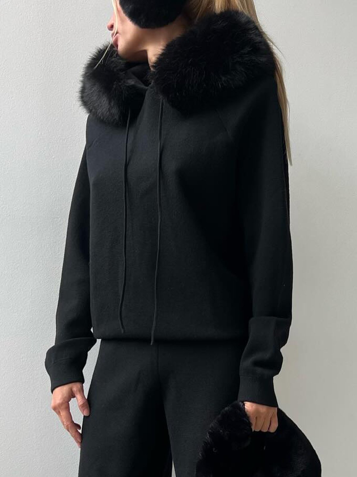 Plain Fur Collar Casual Daily Raglan Sleeve Hoodie