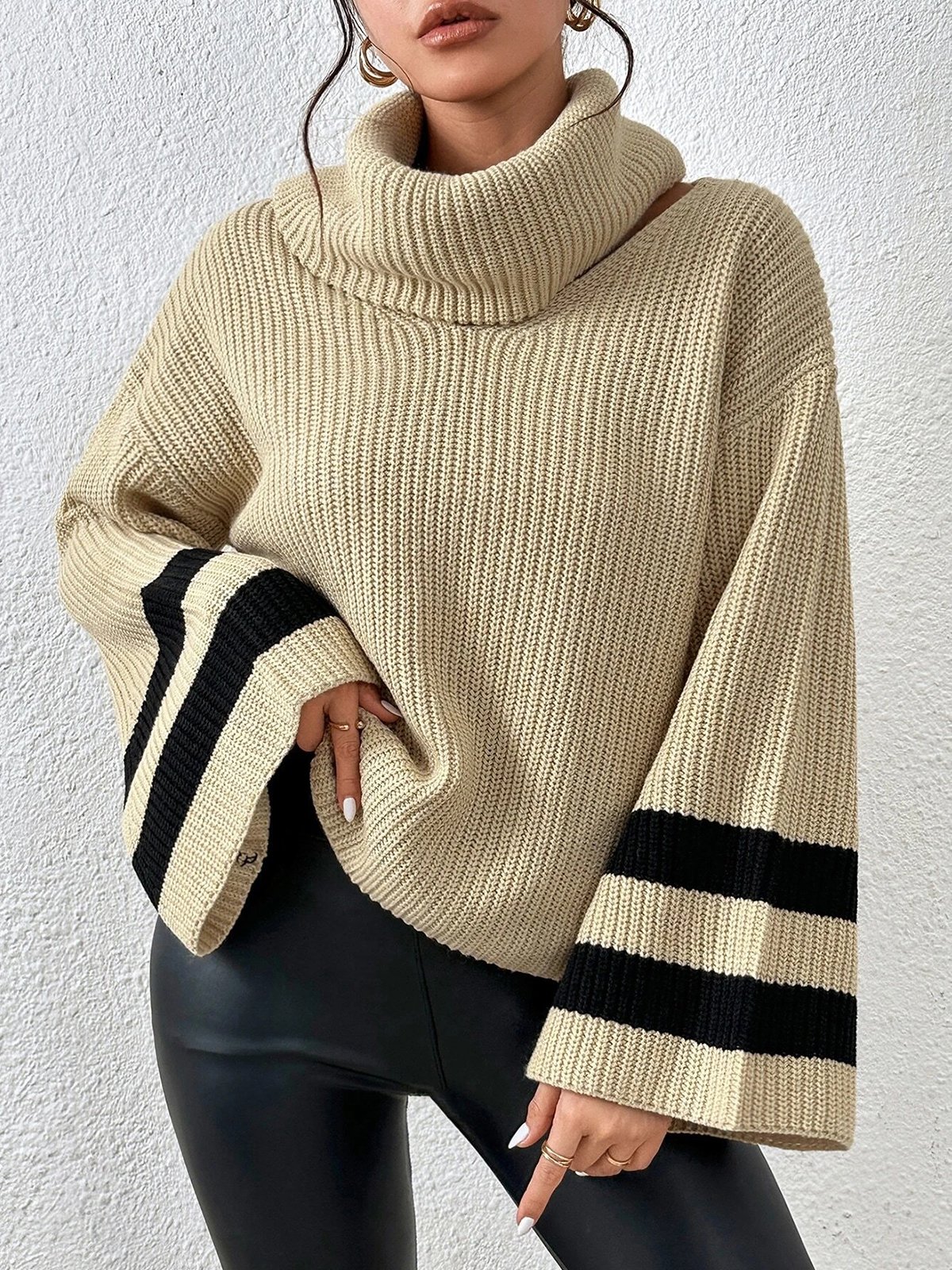 Casual Color Block Loose Turtleneck Long Sleeve Sweater