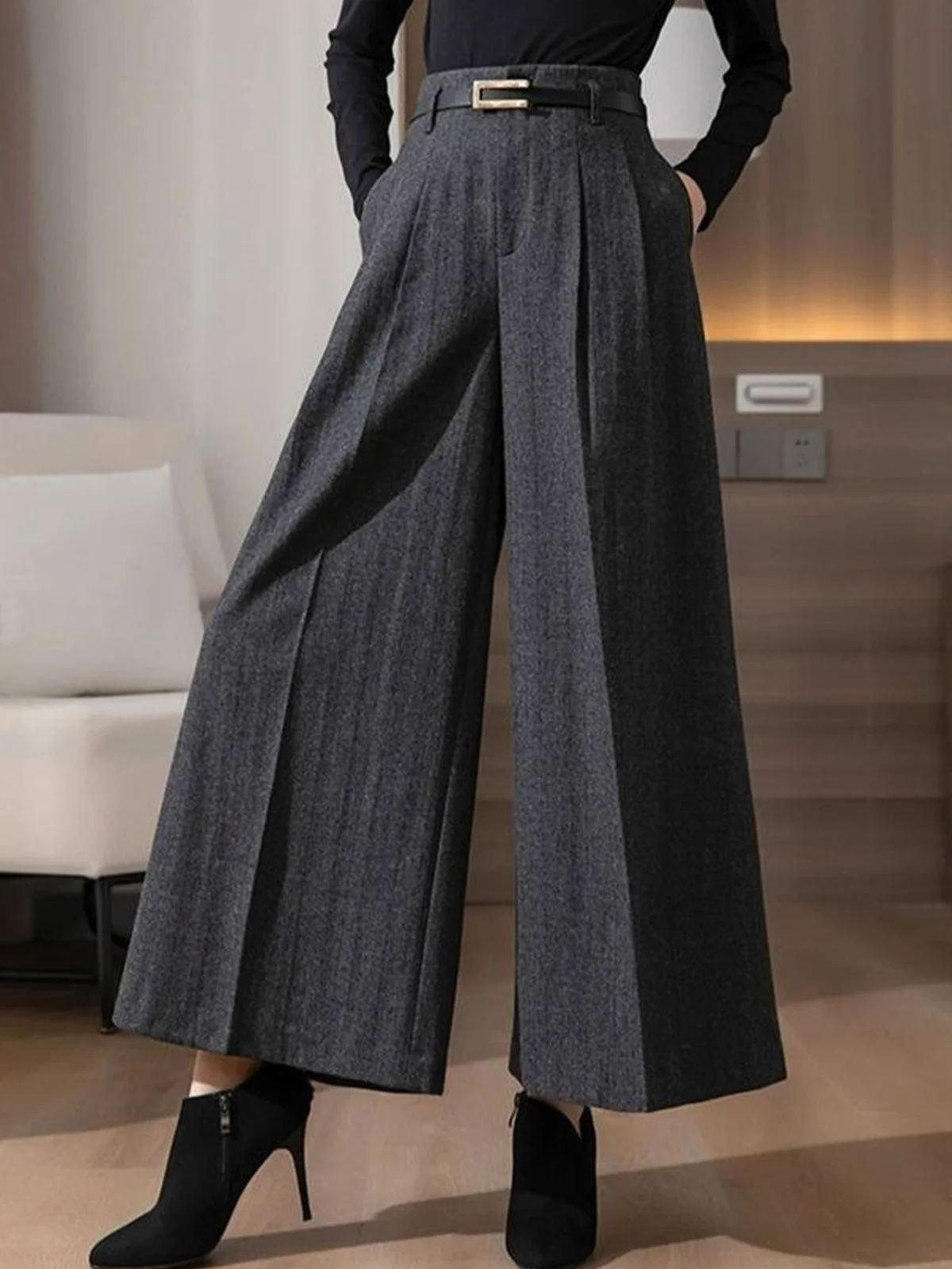 Plain Urban High Waist Fashion Wide leg Pants With No Belt